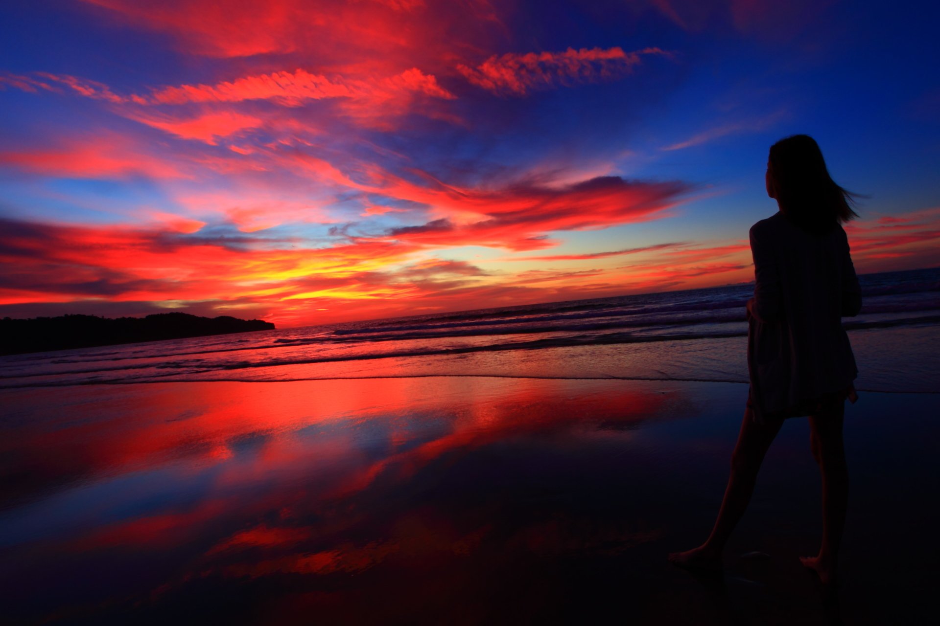 girl silhouette sky clouds sunset glow mountain sea