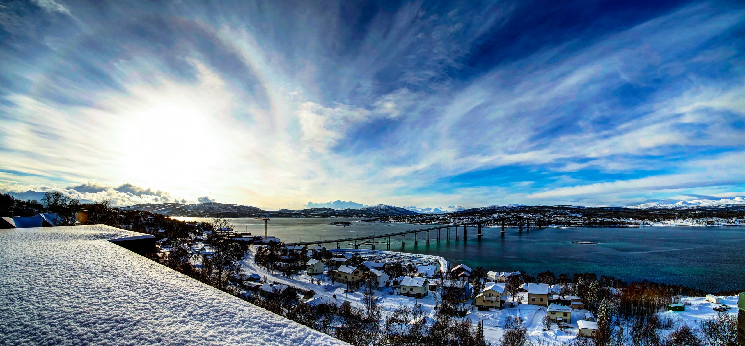 norway sky clouds gulf bridge winter snow house mountain tree