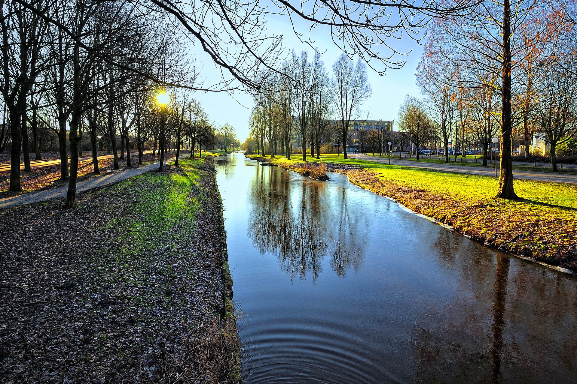 amsterdam netherlands houses canal city trees reflection sun sunset