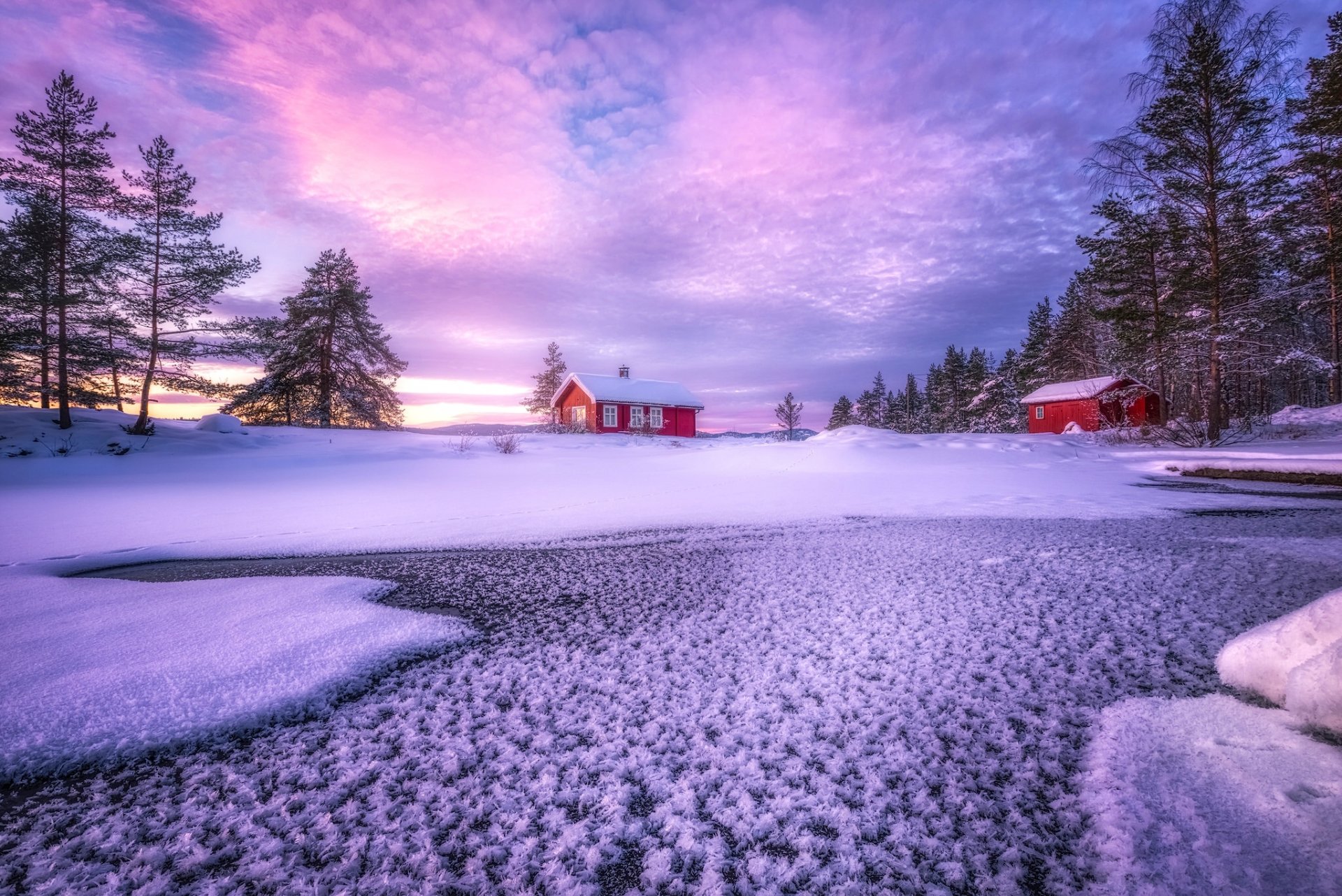 ringerike norvège lac hiver neige maisons nuages arbres