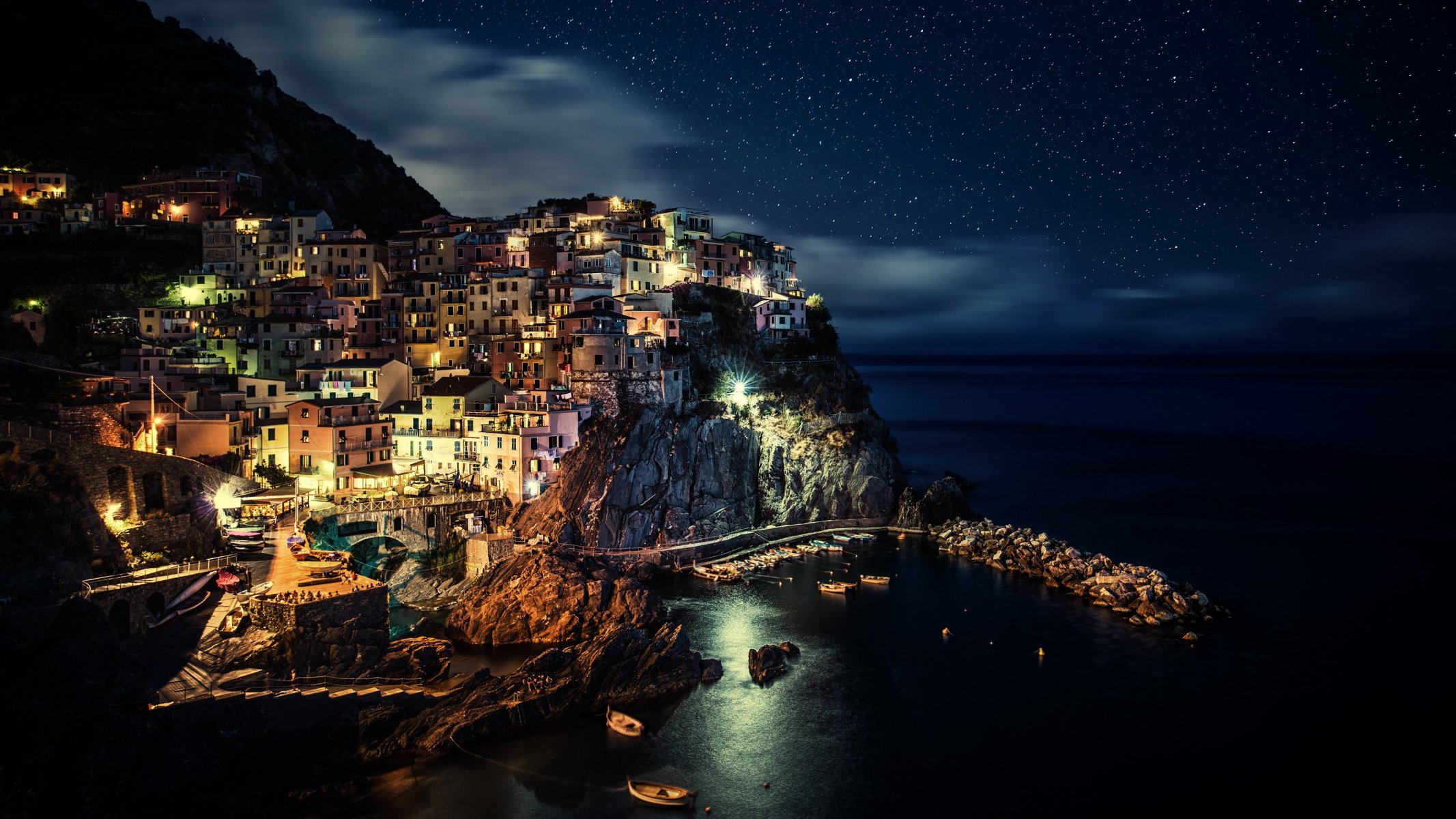 italy night town lamps light sea mountain