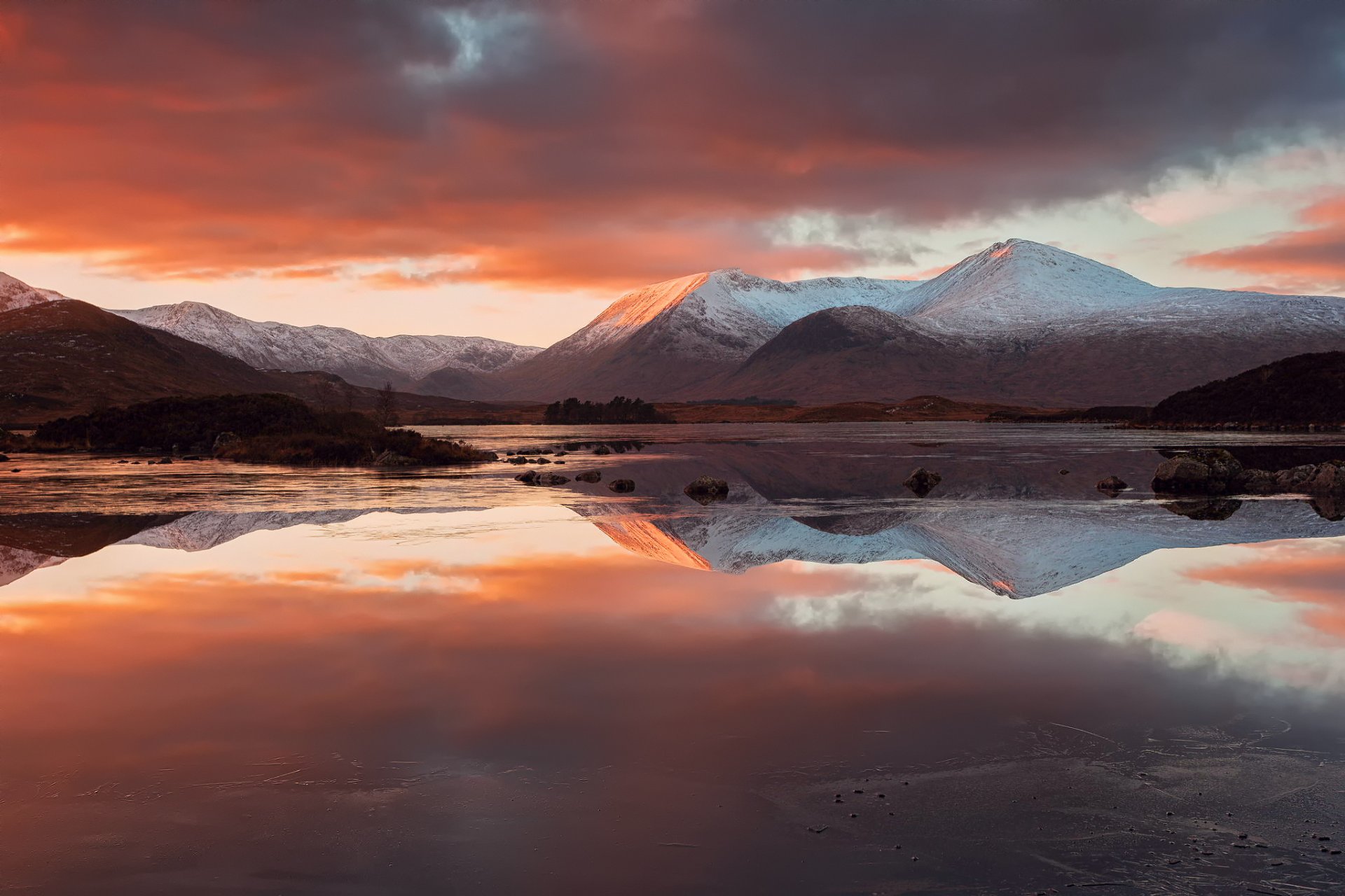 cotland highlands mountain lake clouds reflection night