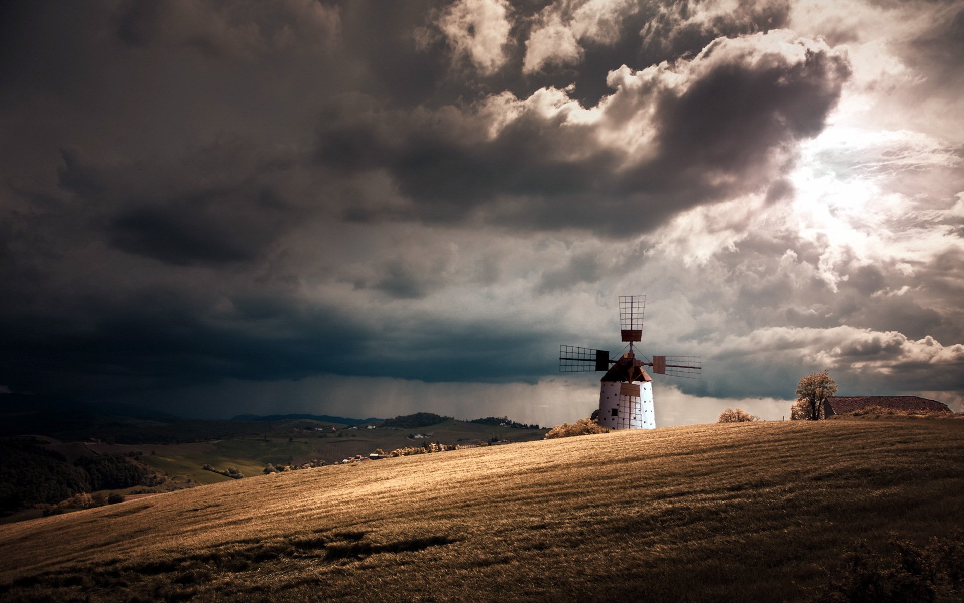 champ moulin pluie paysage