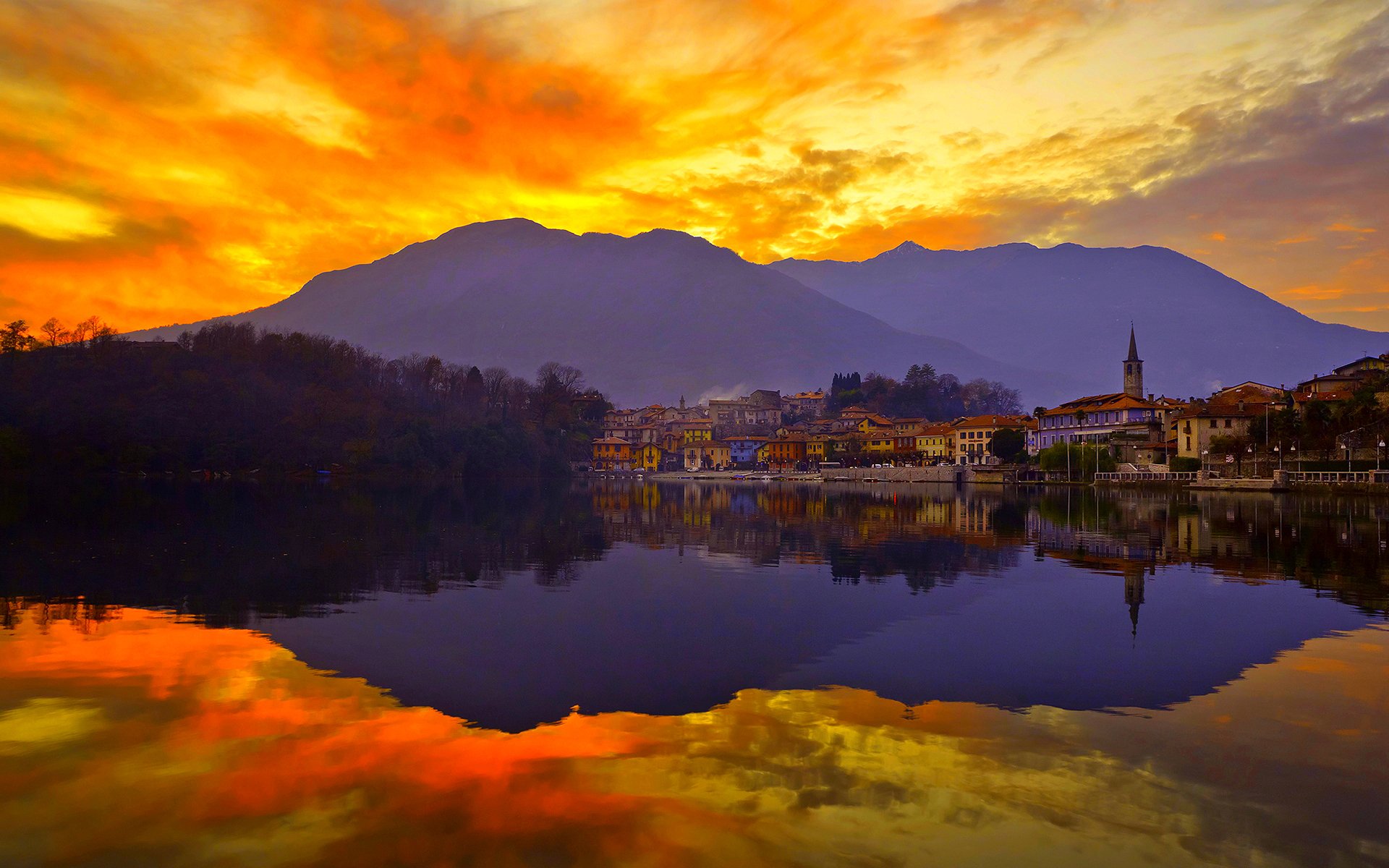 ky sunset mountain lake town reflection