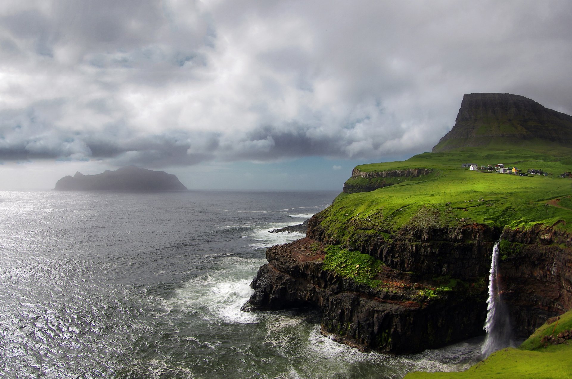 faroe islands island waterfall atlantic ocean mountain rock