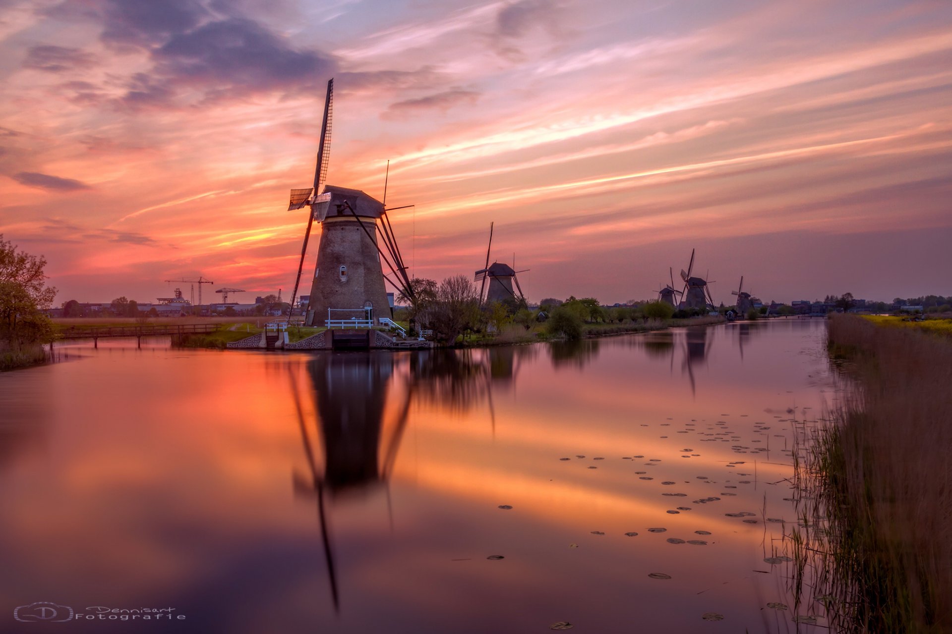 niederlande holland abend kanal fluss wasser windmühlen