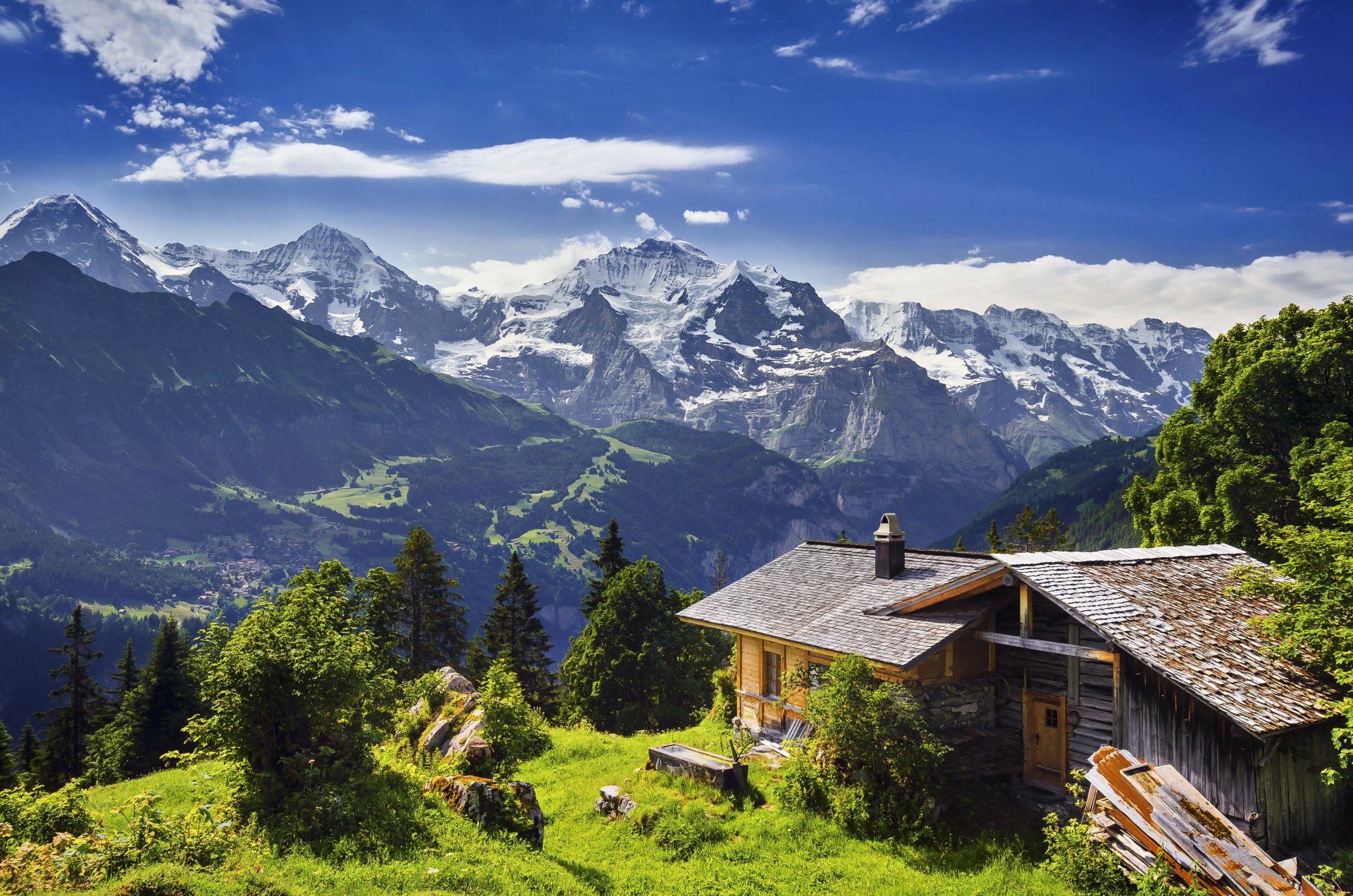 schweiz grindelwald berge felsen gletscher schlucht hütte gras steine bäume panorama