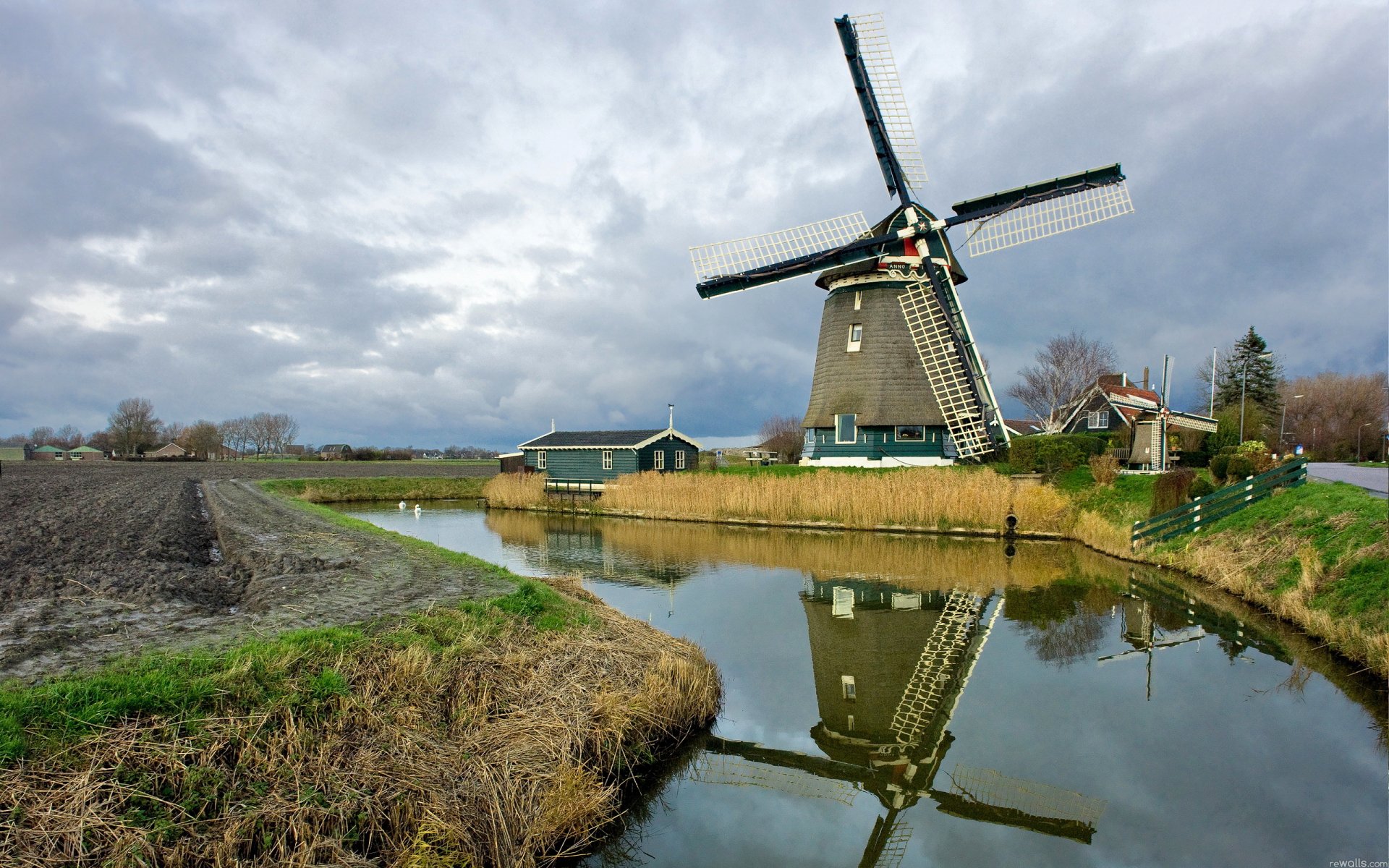 the netherlands sky clouds autumn channel mill