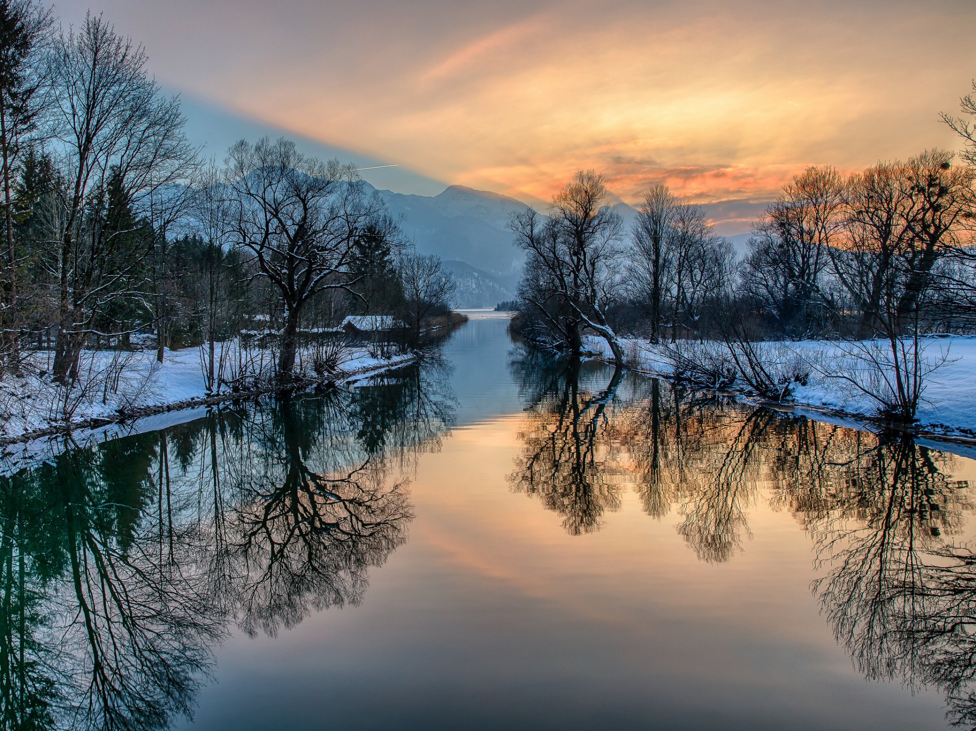 ky glow mountain winter house snow tree river