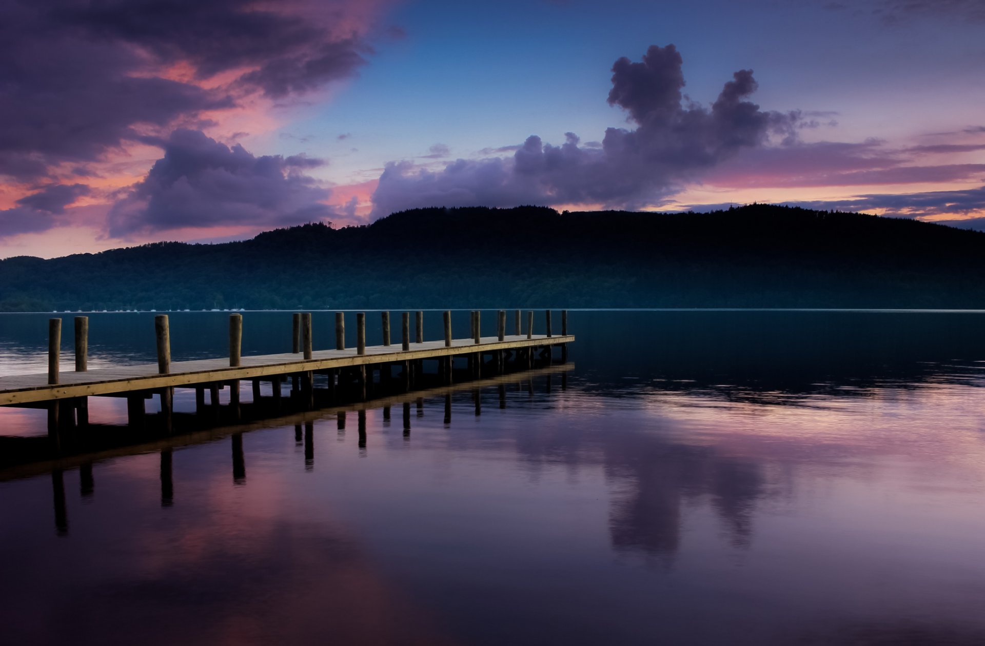 pier sonnenuntergang see wald himmel wolken