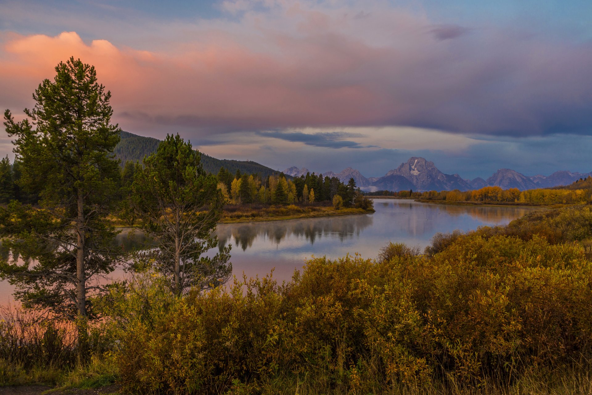 united states grand teton wyoming mountain river beach forest tree bush autumn sunset