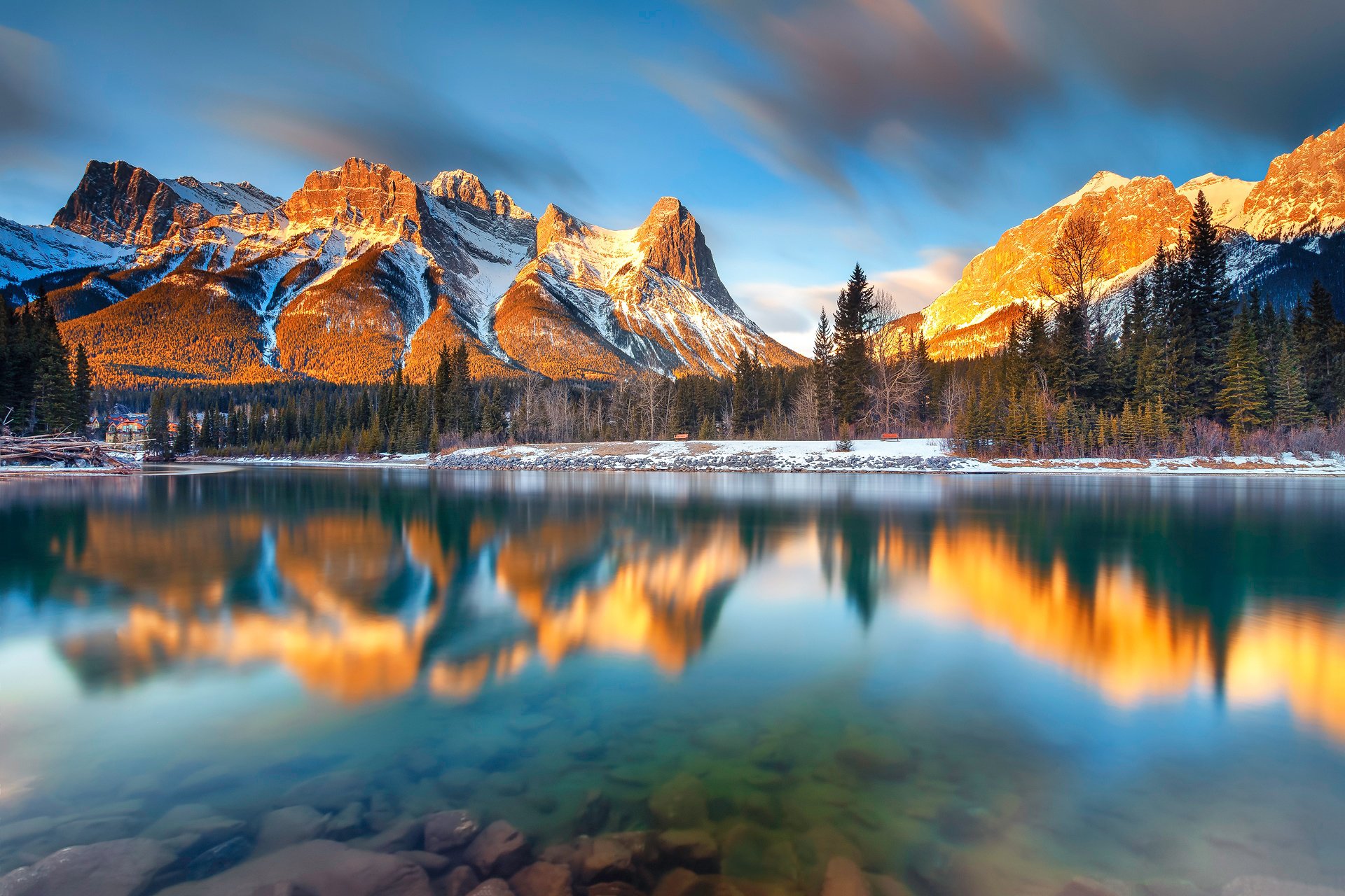 canada alberta canmore montagnes matin forêt lac rivière