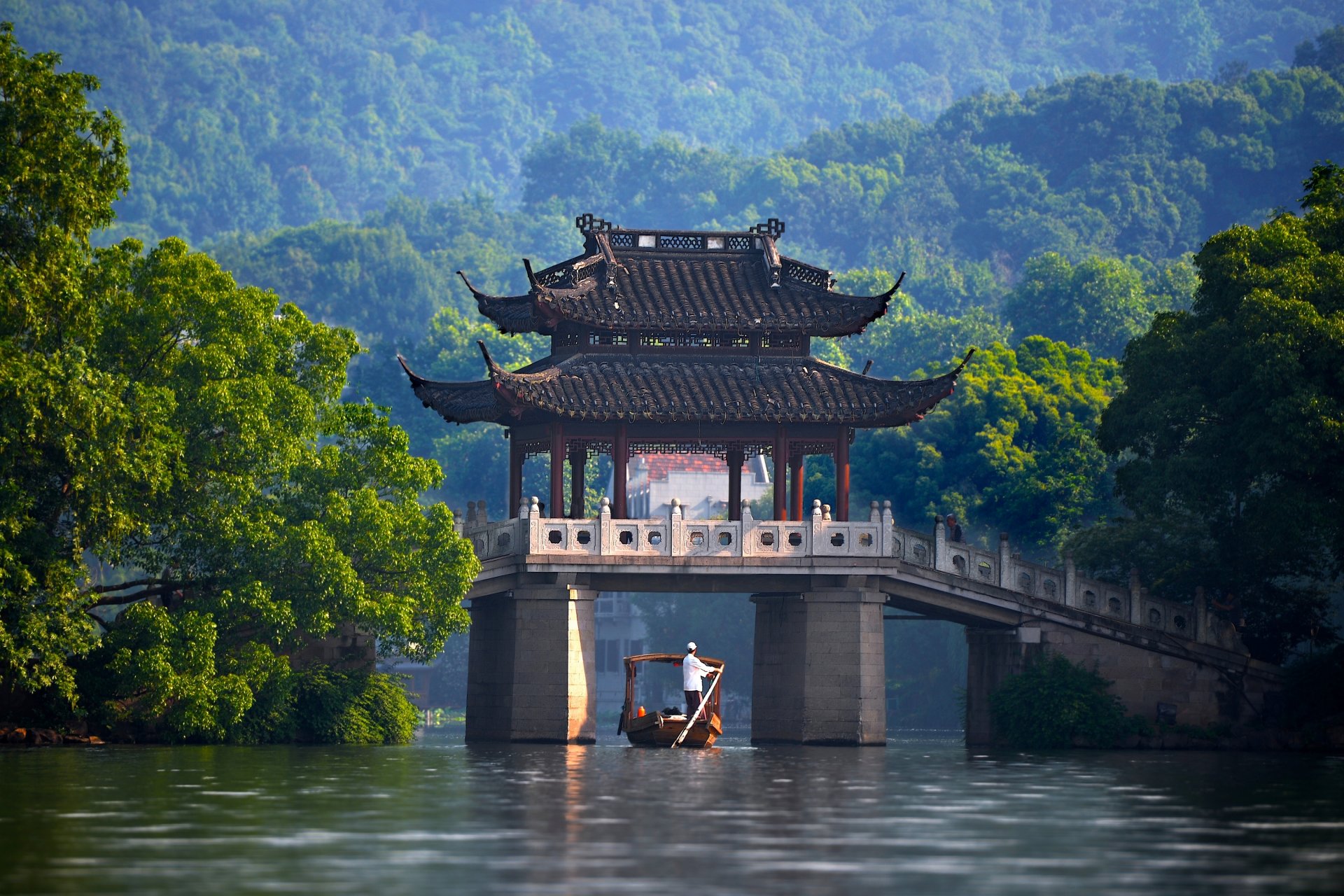 chine rivière pont pavillon bateau arbres