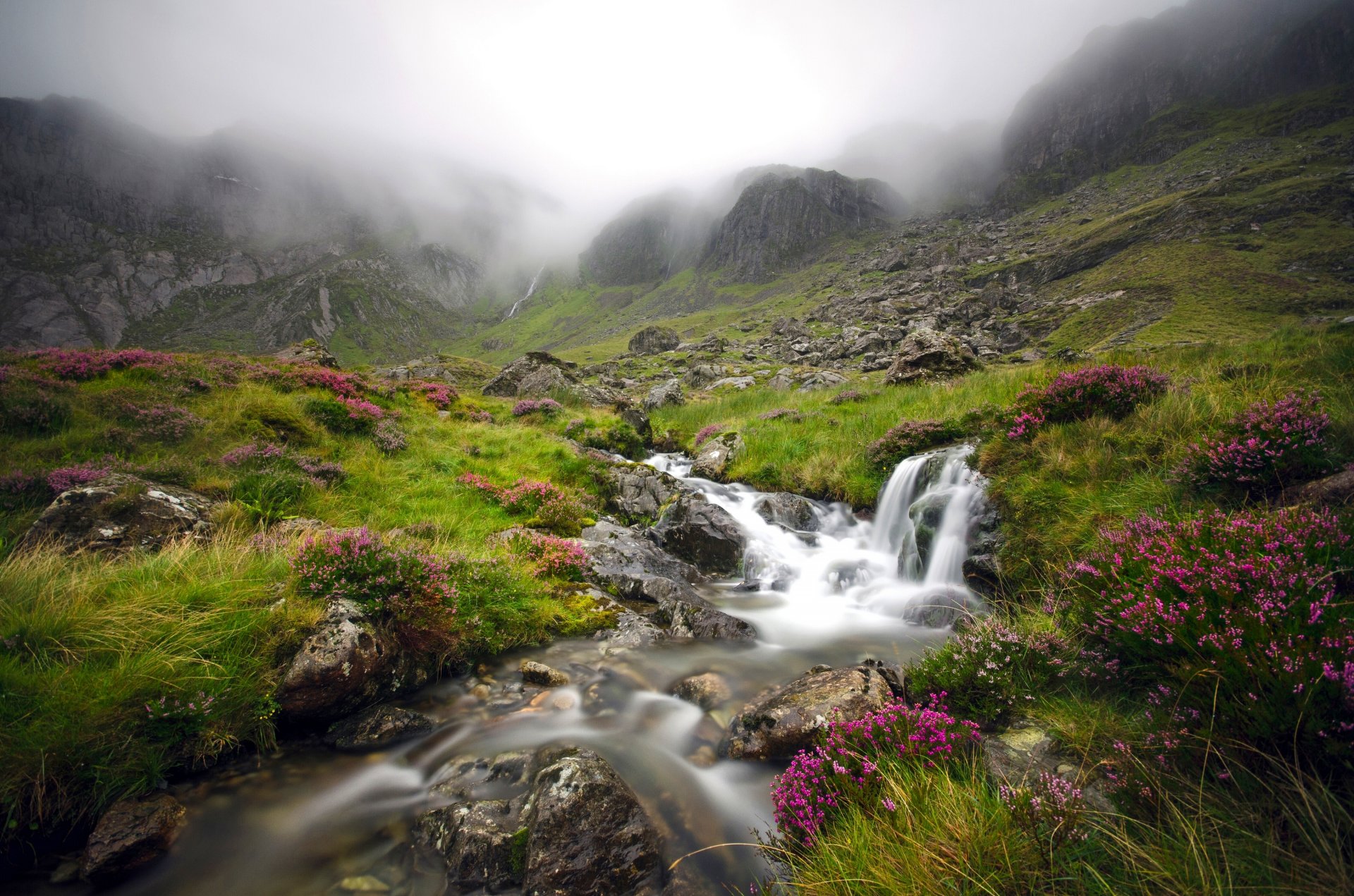 cwm iduala parco nazionale di snowdonia snowdonia glyderau galles inghilterra valle montagna ruscello nebbia