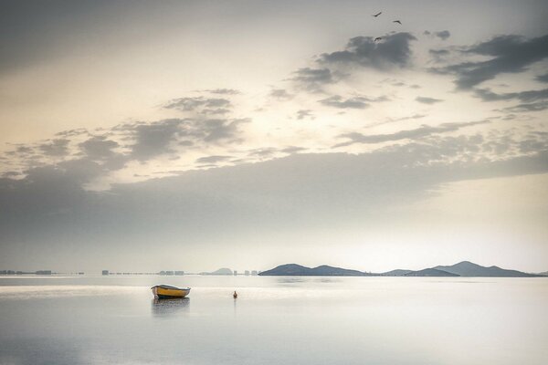 Landscape with a boat in the middle of the lake in gray