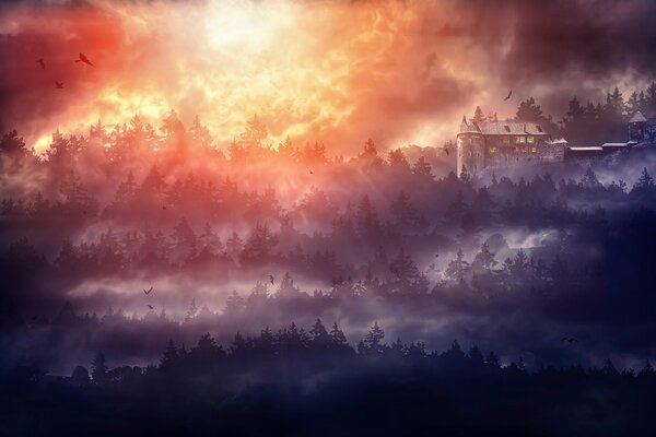 A castle in a thick fog at dusk