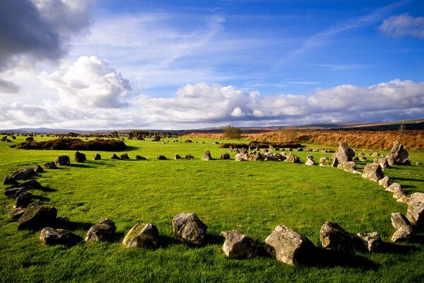 A circle of stones on the green grass