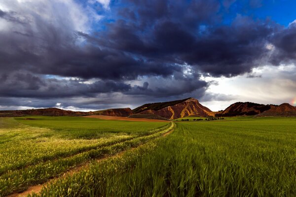 Landscape of a green field with a road on the background of low mountains and a gloomy sky