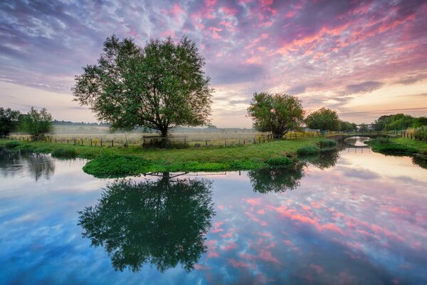 Dawn on the river with a bridge in summer