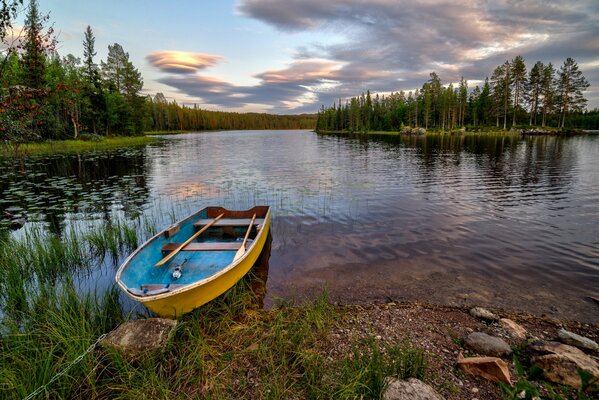 Boat on a Norwegian lake among the trees