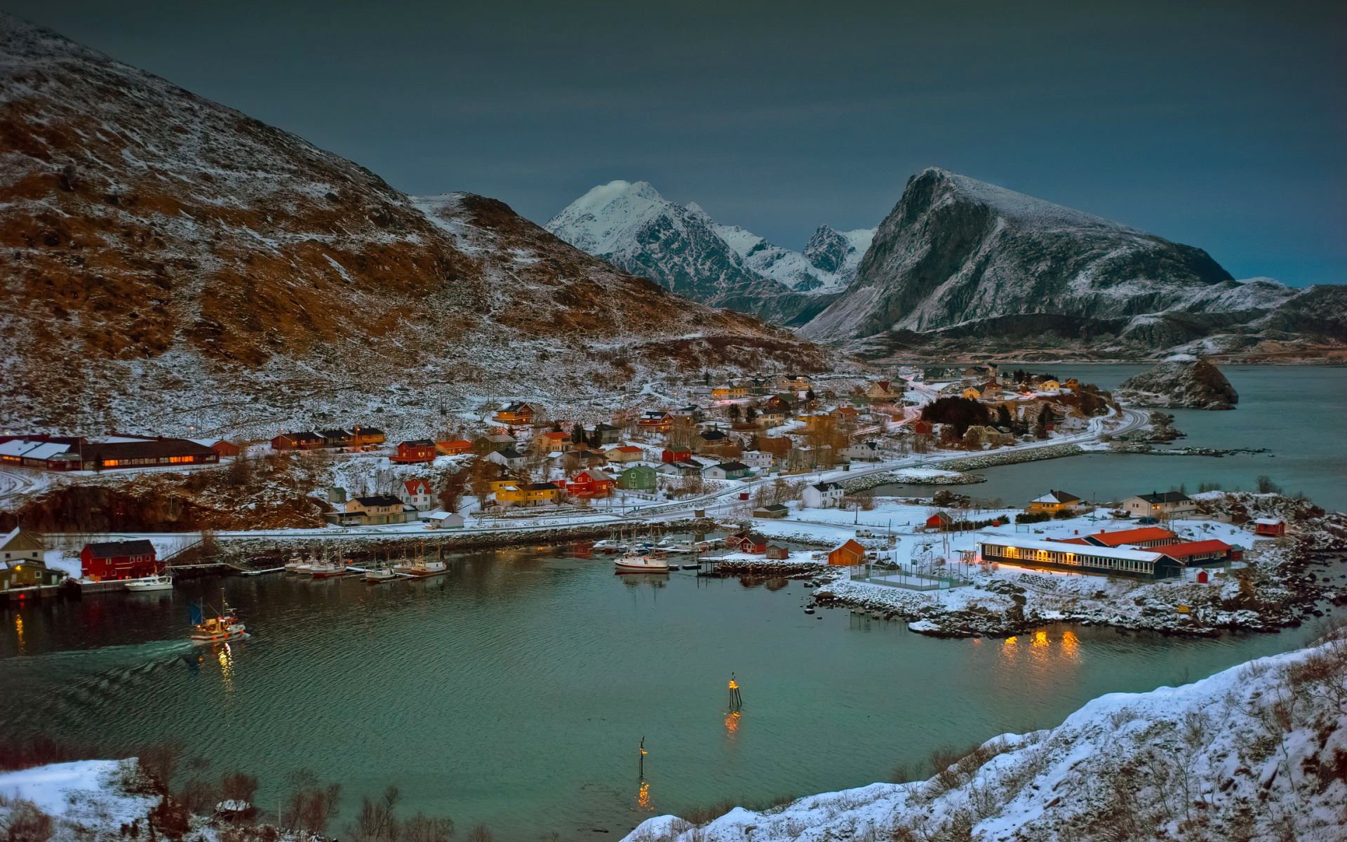 norway night sky mountain sea fjords bay boat house village town