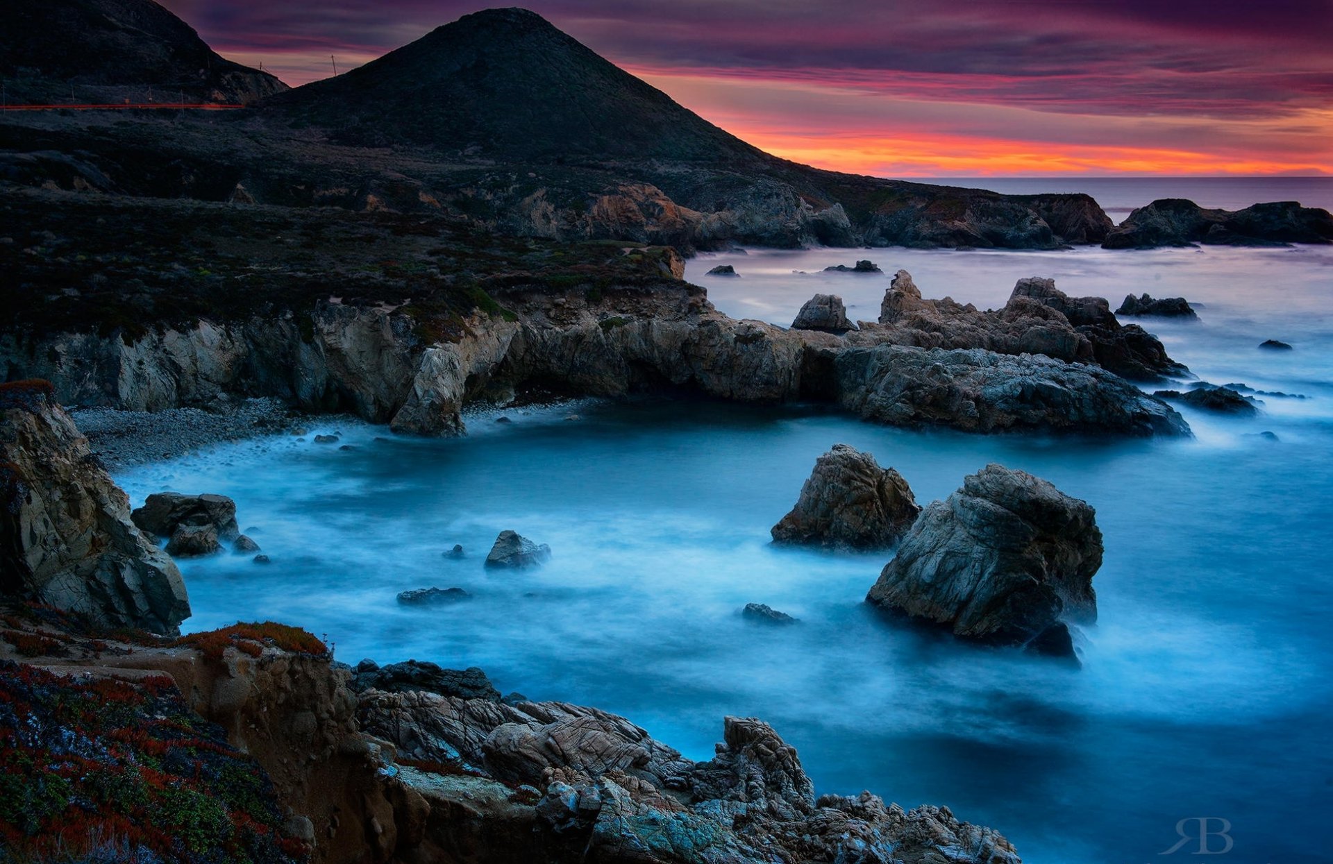 aube montagnes roches pierres mer paysage