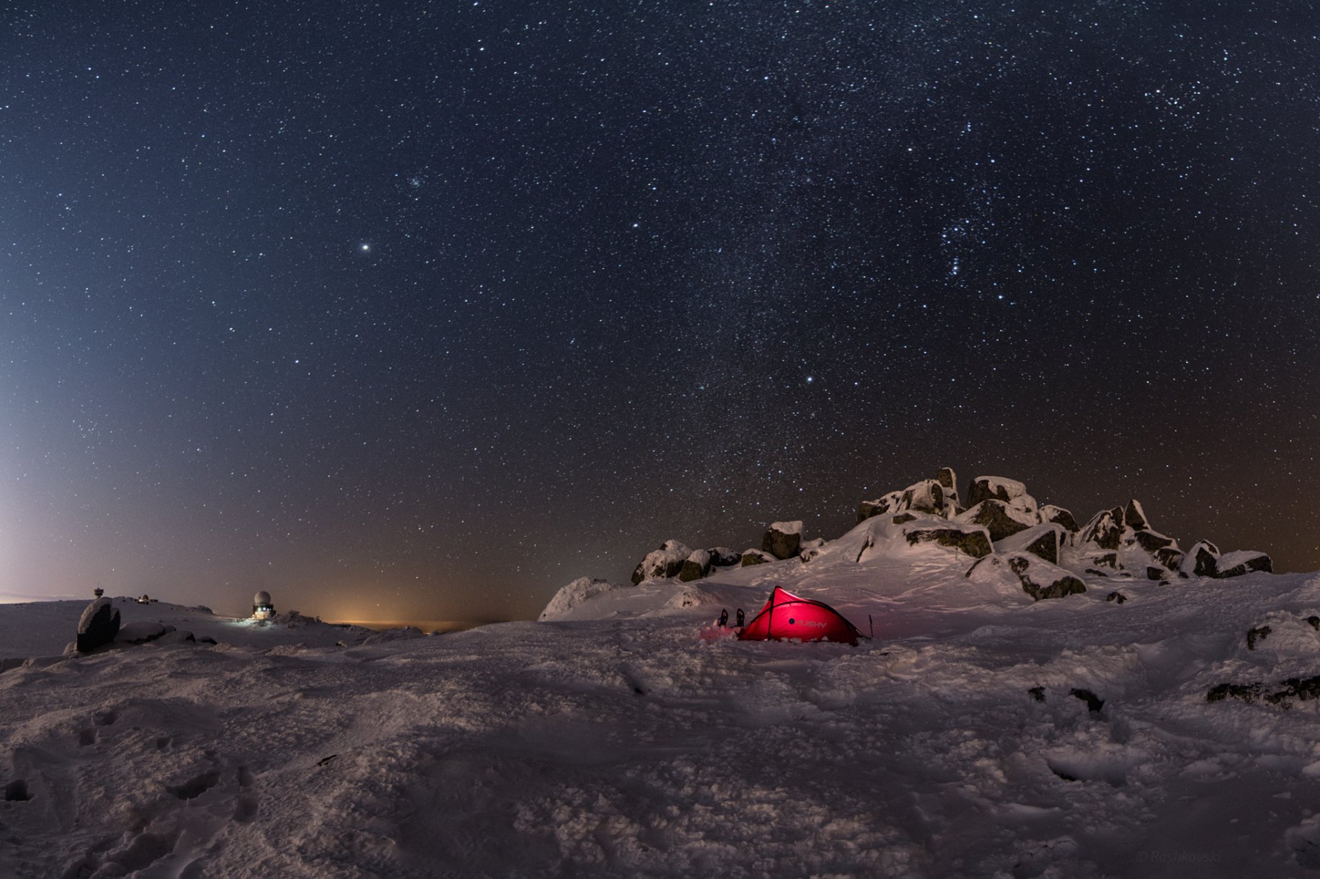 winter snow tent stones night sky star