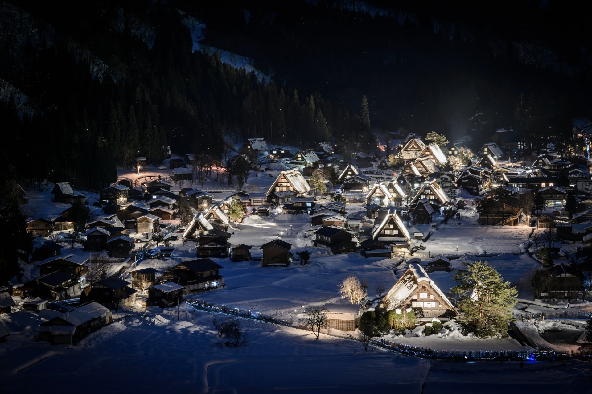 inverno neve montagne città case foresta notte vacanza