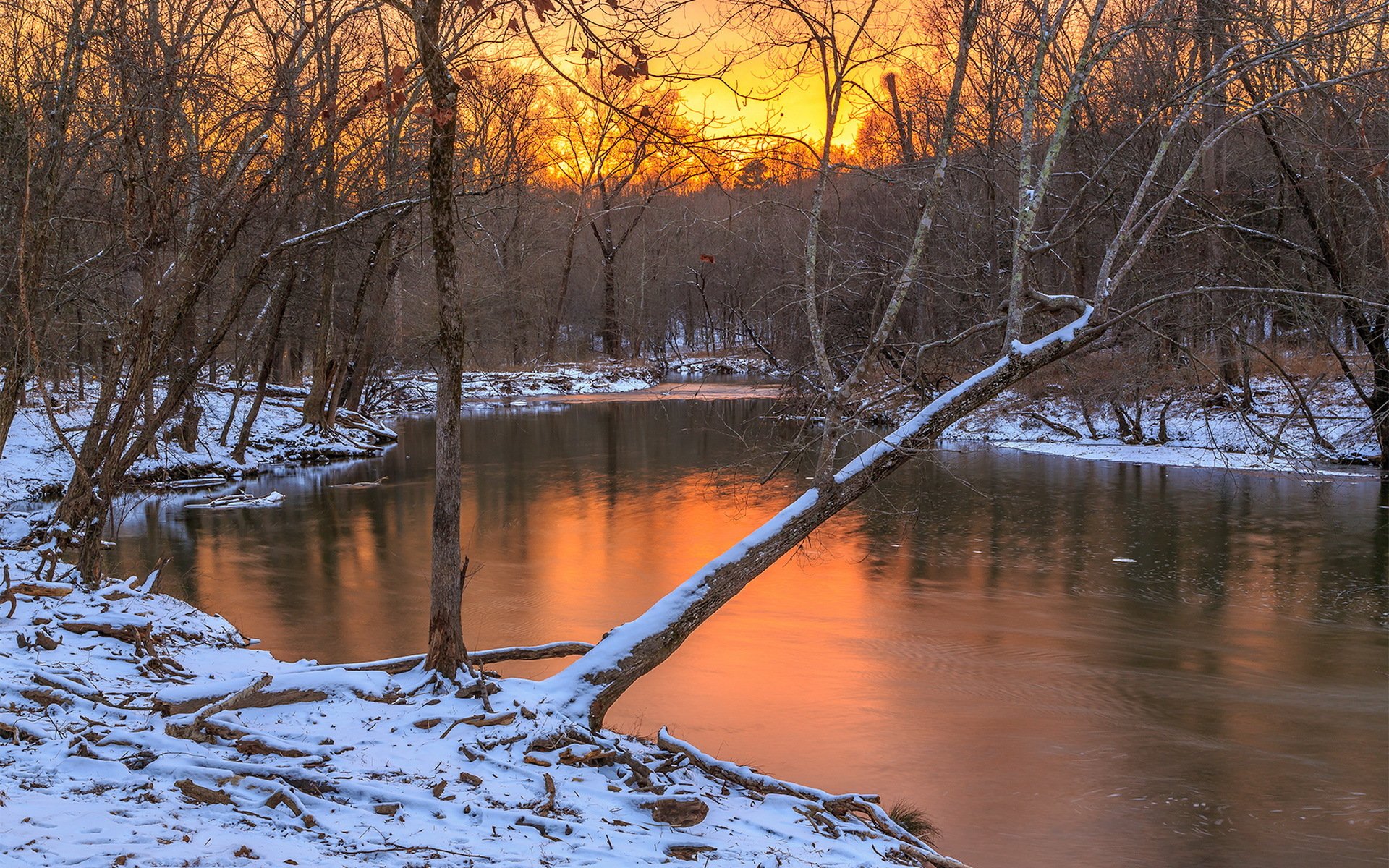 fiume foresta inverno tramonto