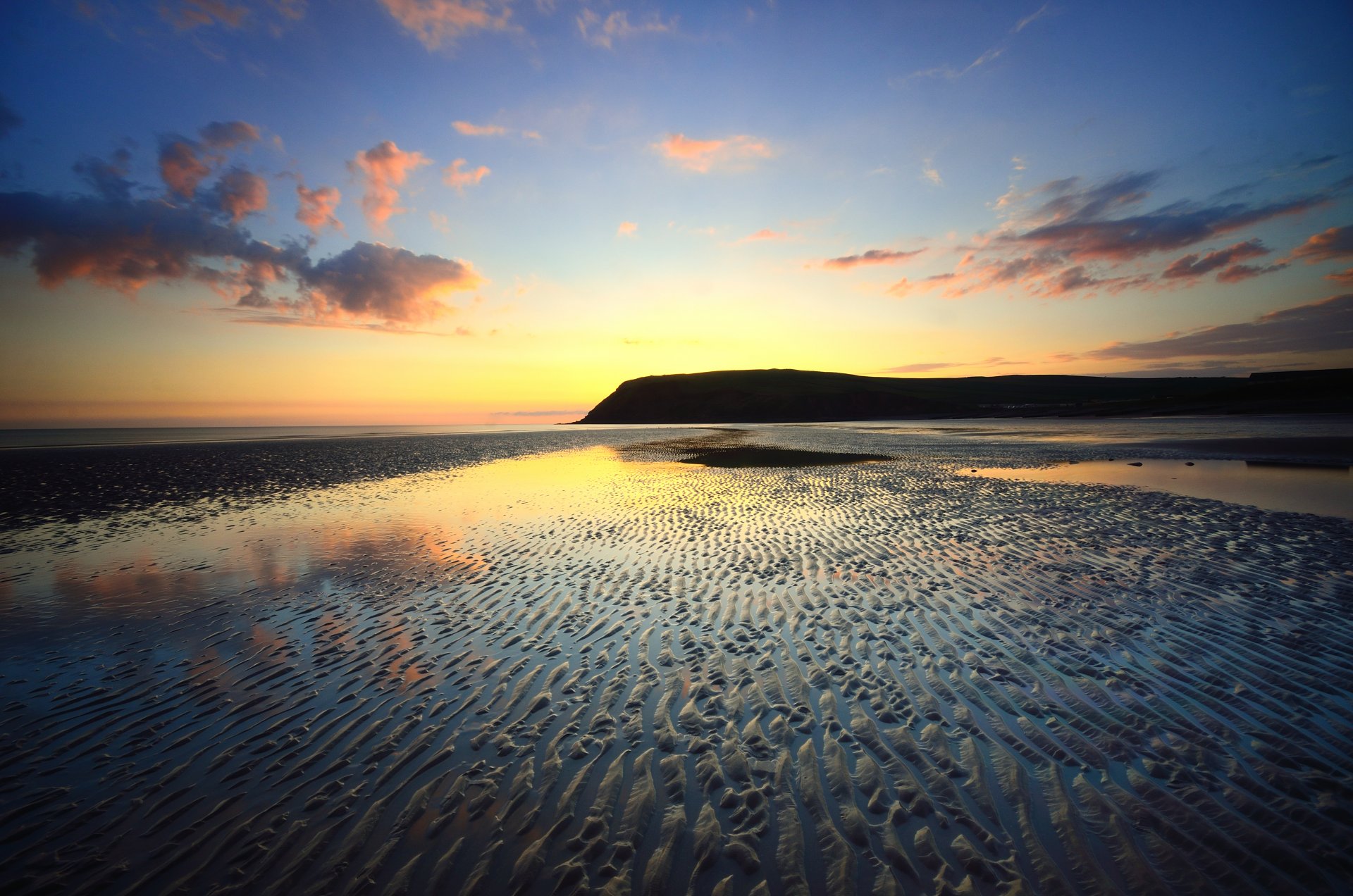 meer ebbe ufer sand himmel wolken sonnenuntergang