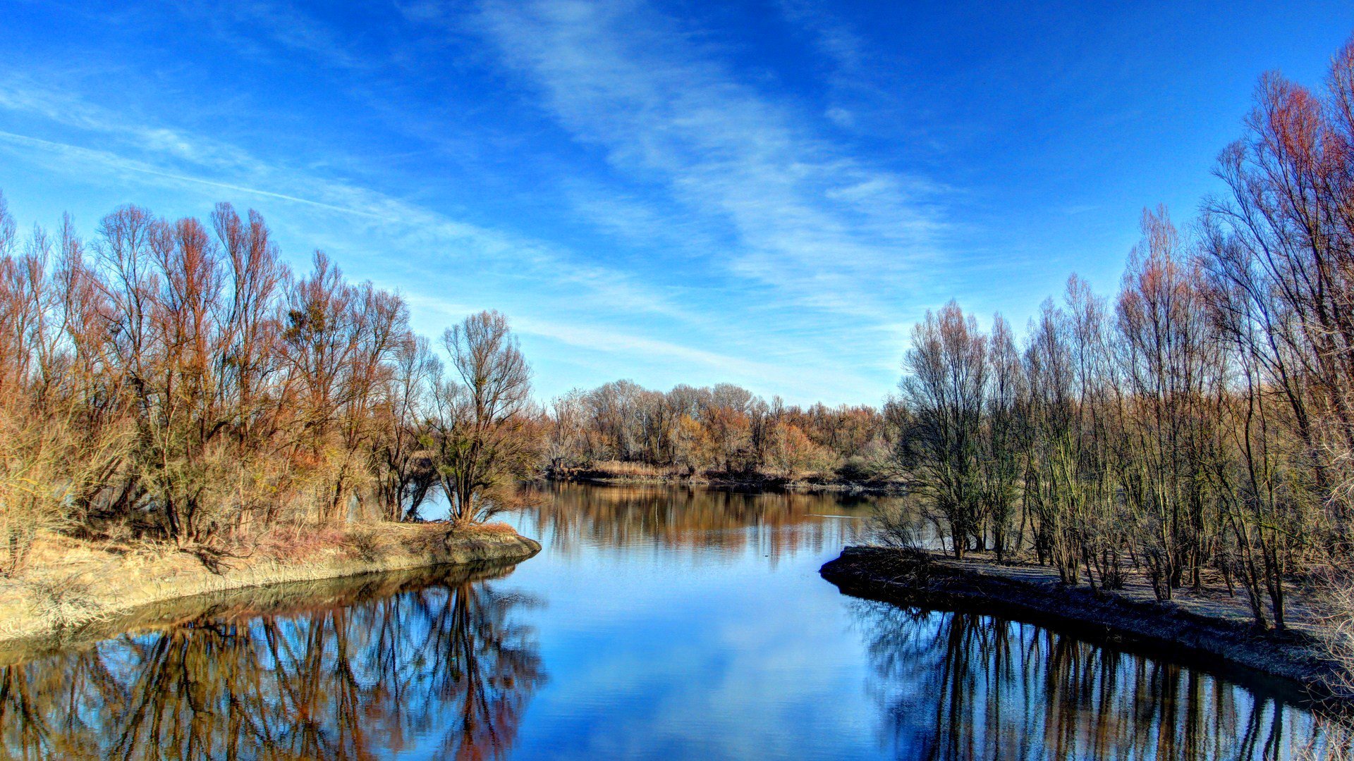 cielo nubes río árboles primavera reflexión