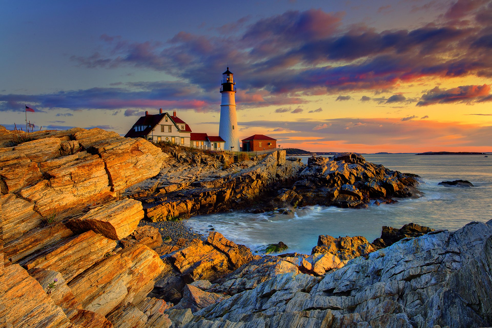 portland estados unidos faro rocas cielo nubes puesta de sol noche casa piedras