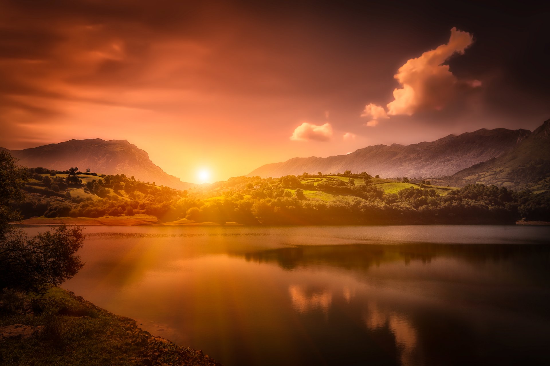 alfilorios reservoir asturias spain reservoir sunset mountain