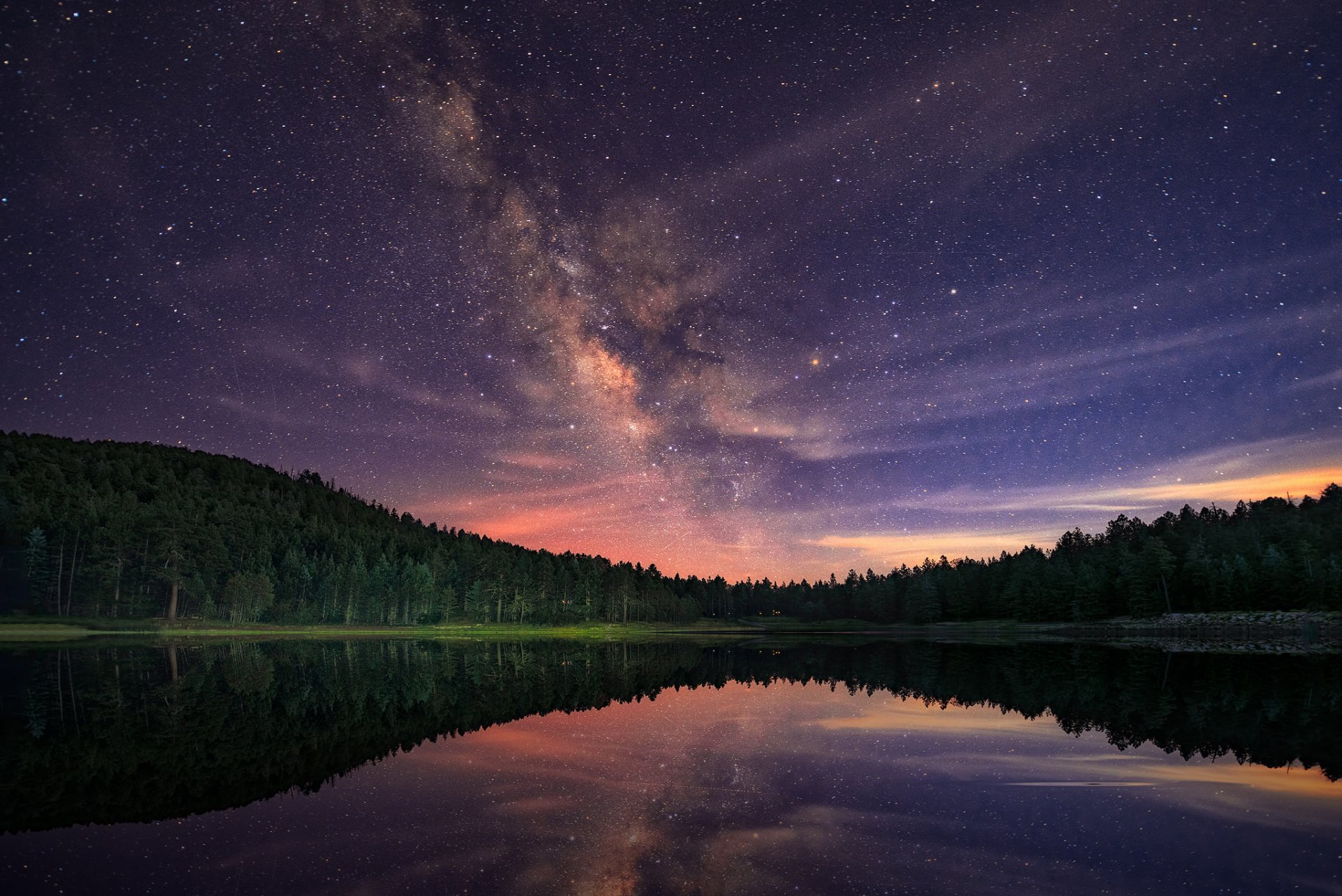 via lattea notte lago stelle foresta