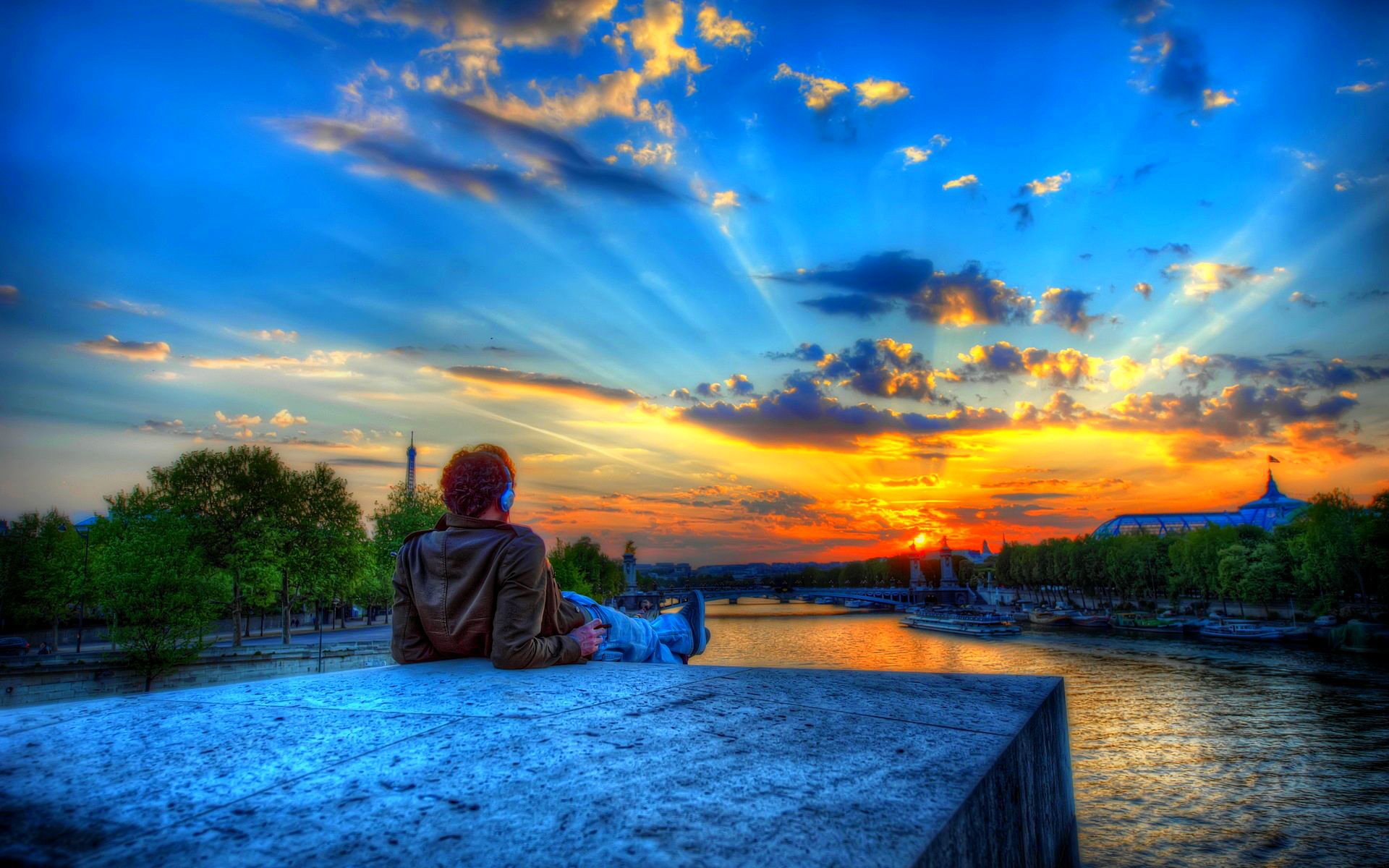 parigi città cielo nuvole tramonto kexb. fiume fieno alberi pietra uomo uomo torre hdr