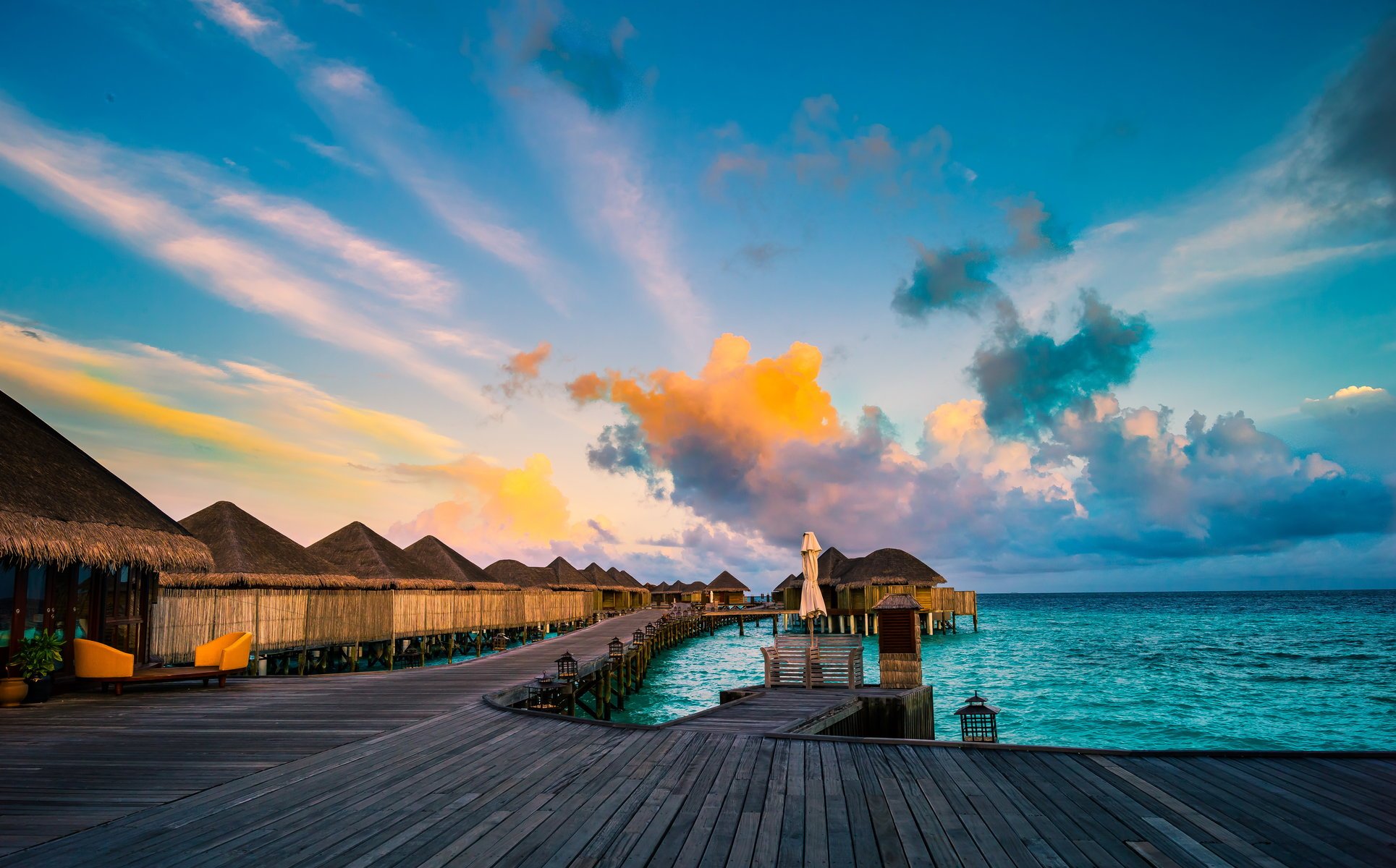 malediven tropen meer bungalow himmel wolken horizont