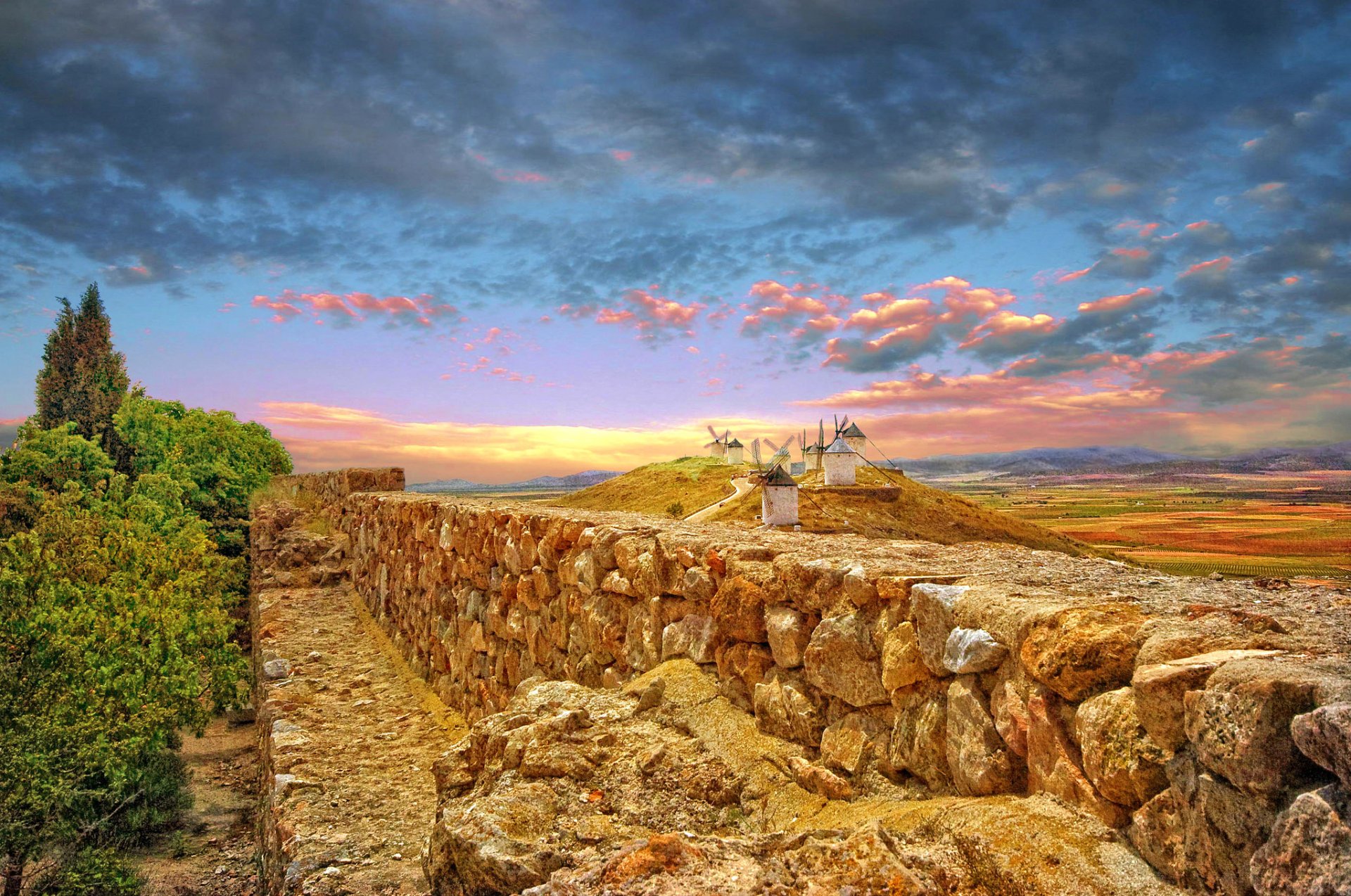 spanien himmel wolken zaun windmühle hügel berge