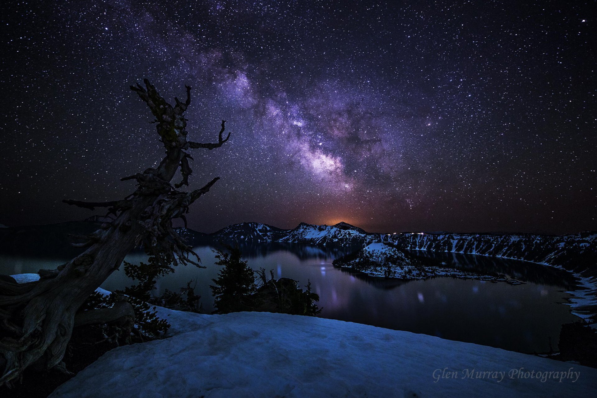 stati uniti stato oregon crater lake national park notte stelle via lattea albero