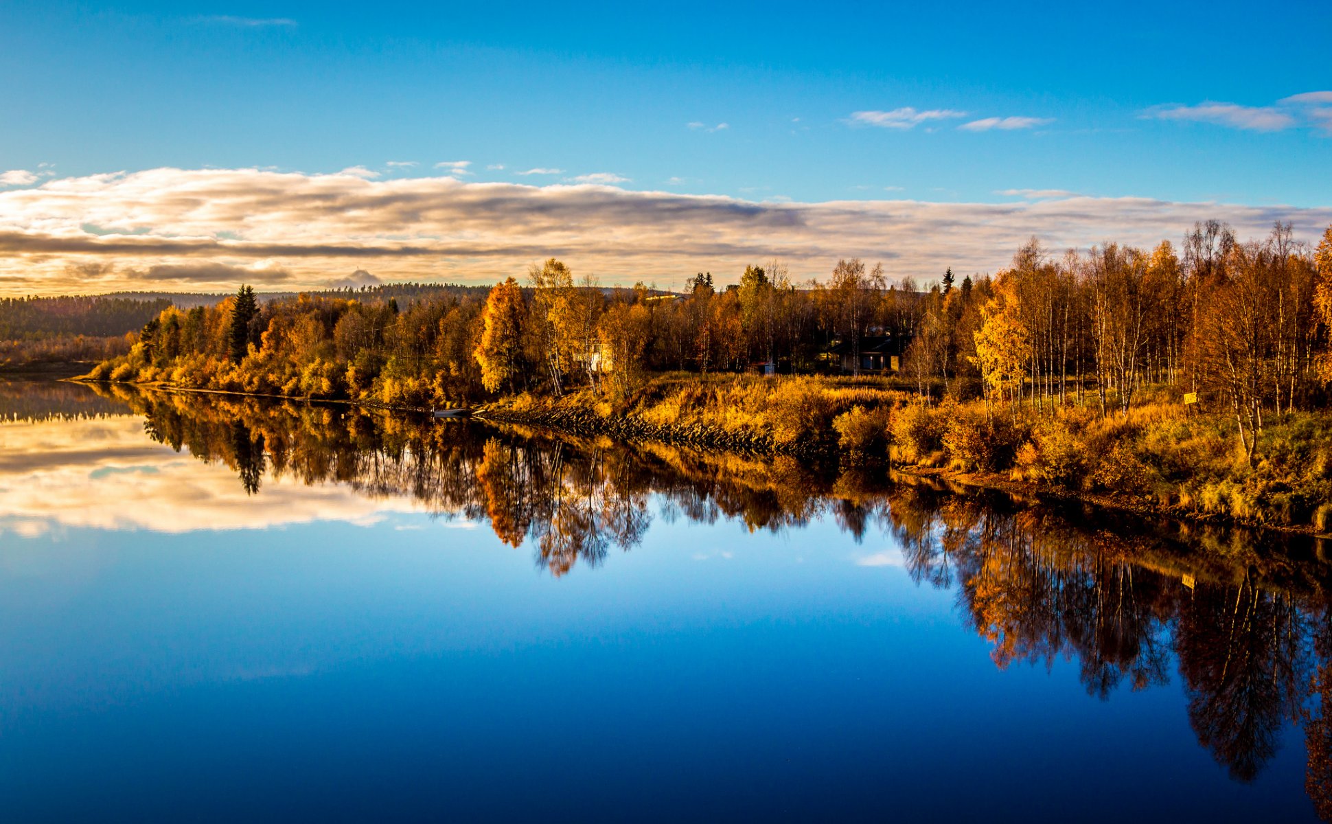 himmel wolken see reflexion wald haus herbst