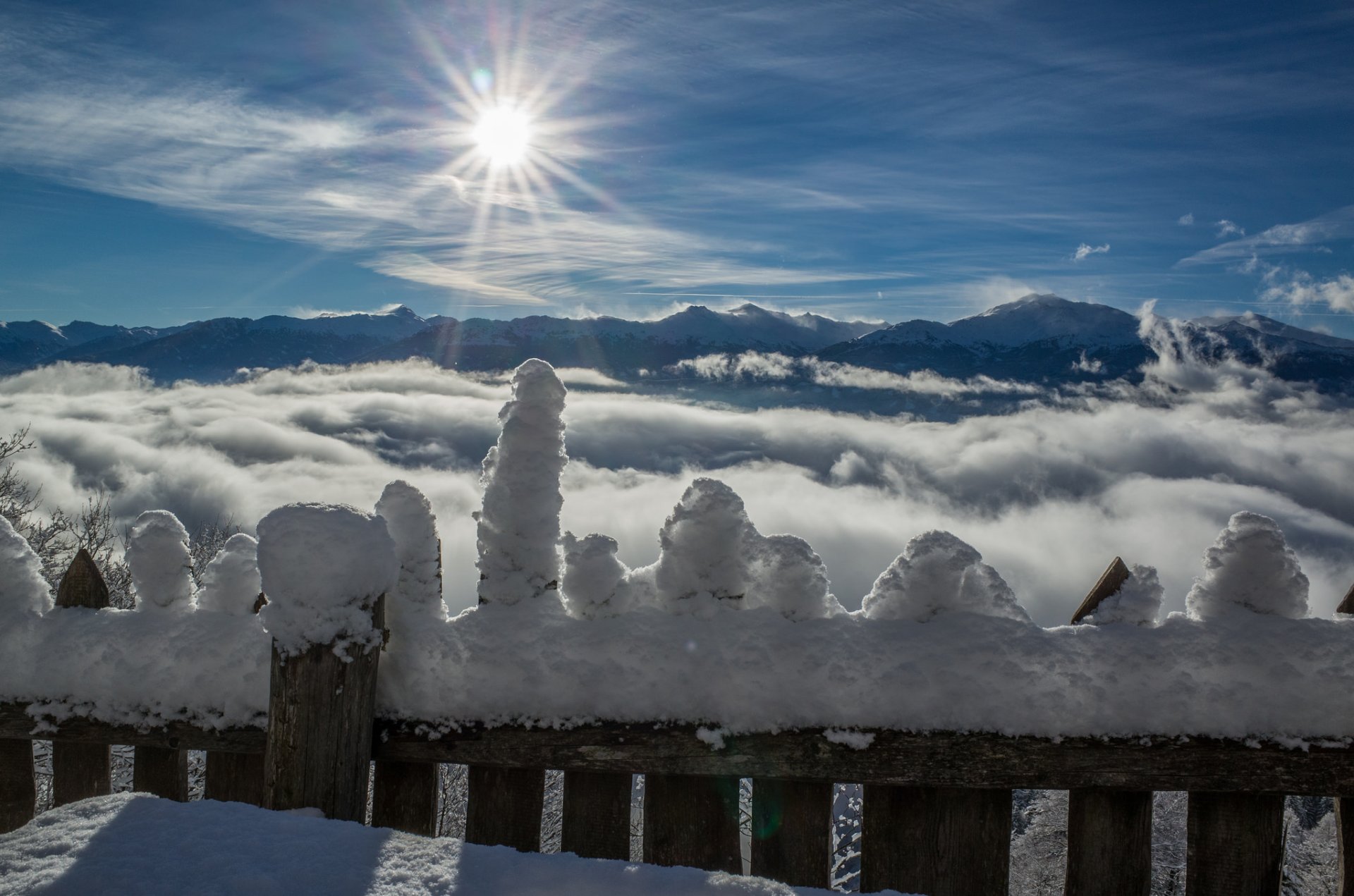 fence snow winter sun mountain