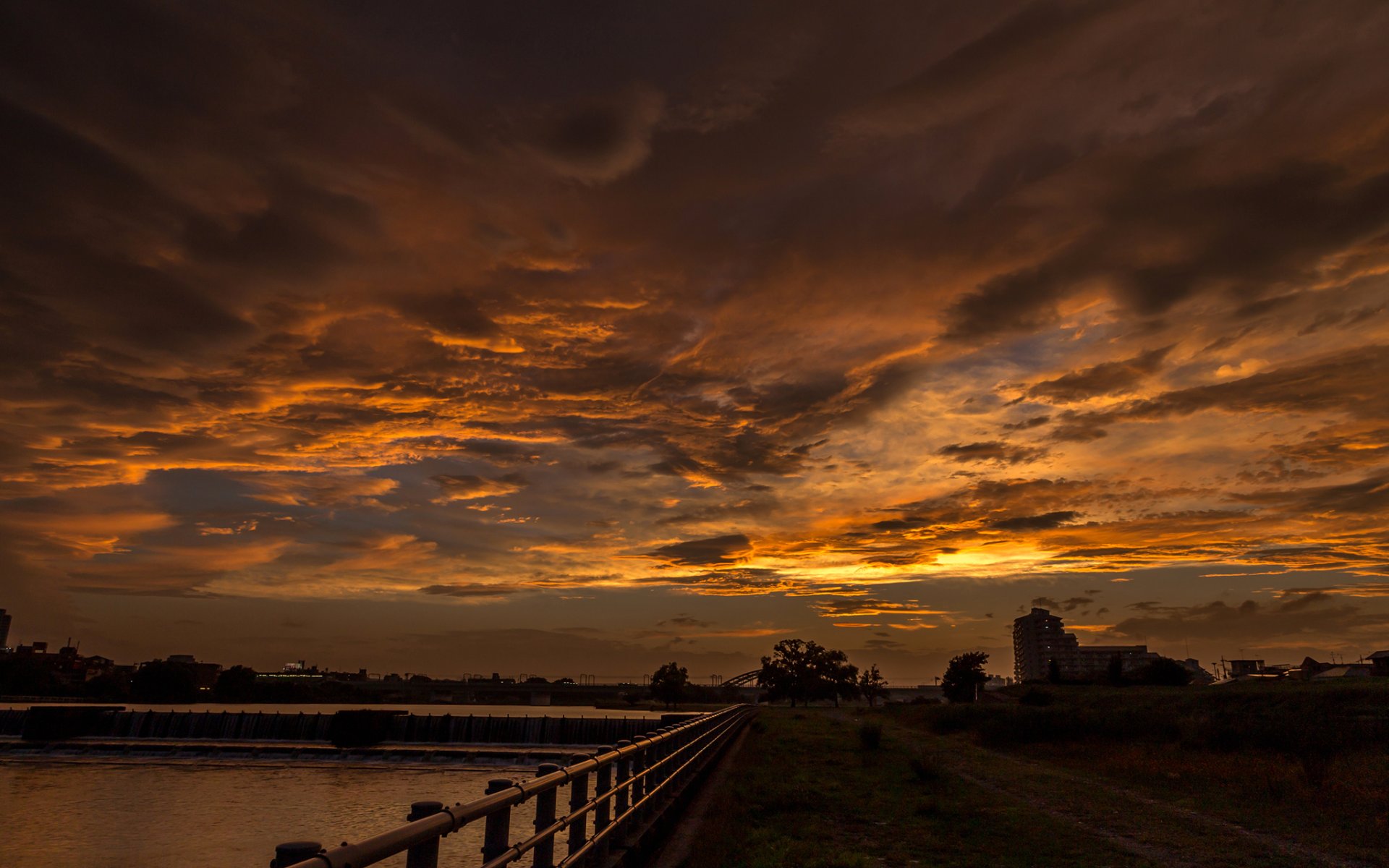 ciel nuages coucher de soleil horizon arbres silhouette plan d eau