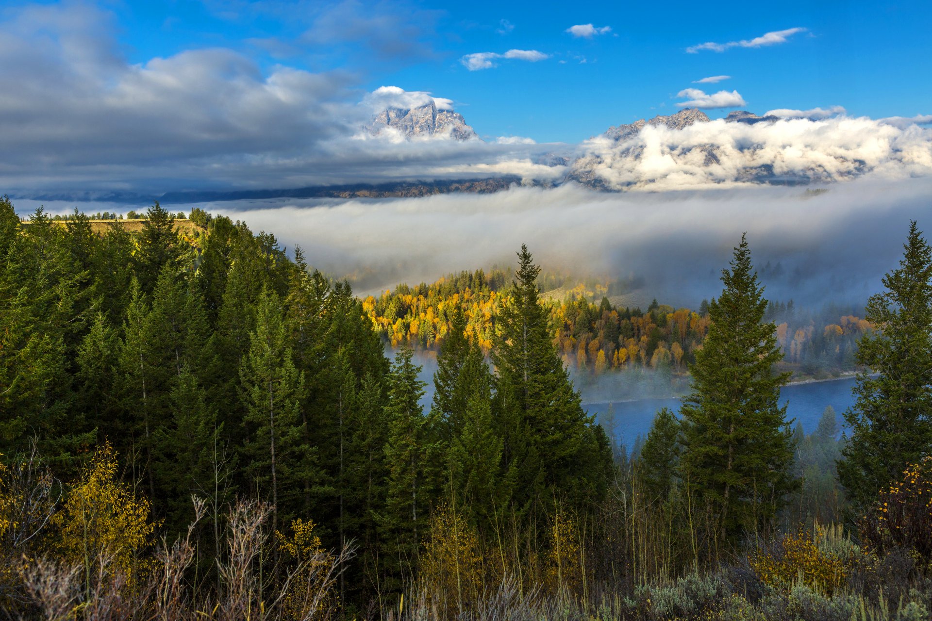 usa grand teton wyoming wald berge wolken herbst fluss bäume nebel