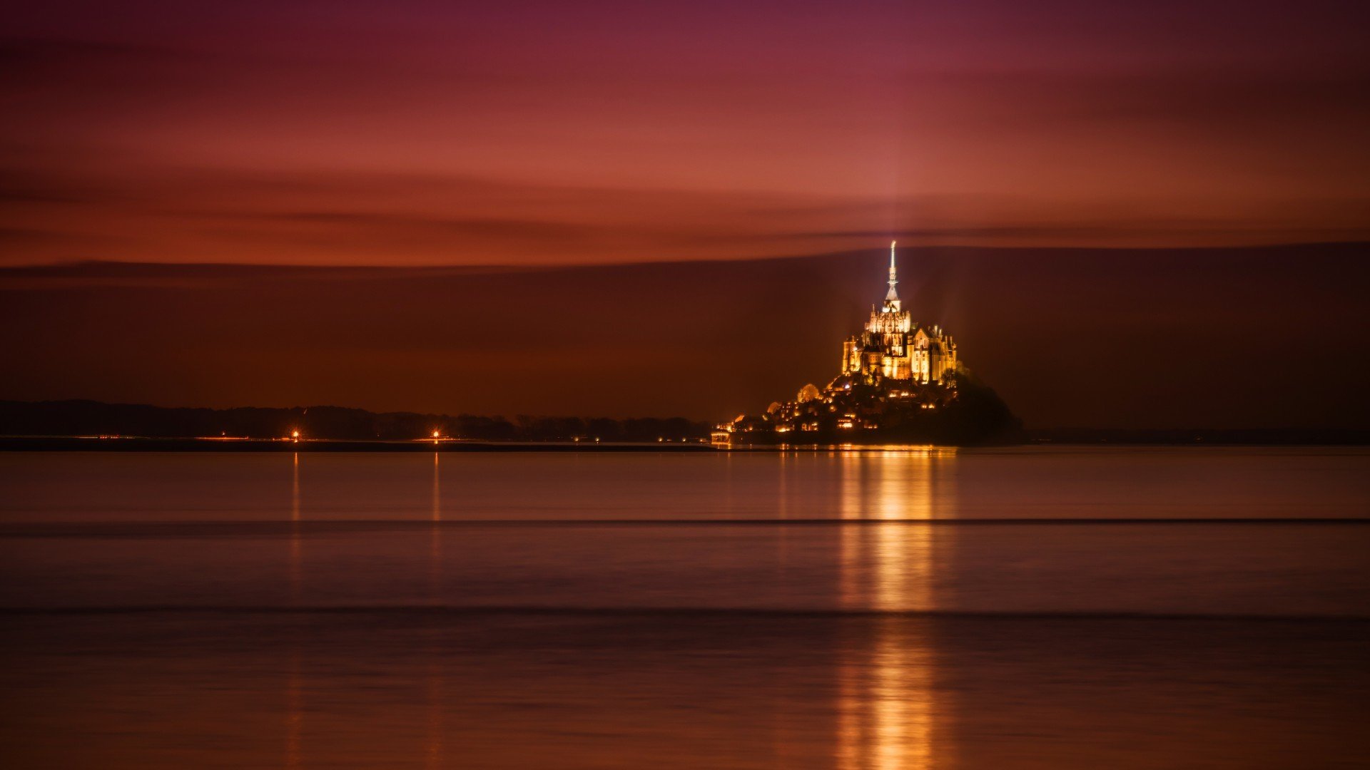 frankreich normandie schloss mont-saint-michel himmel nacht meer lichter