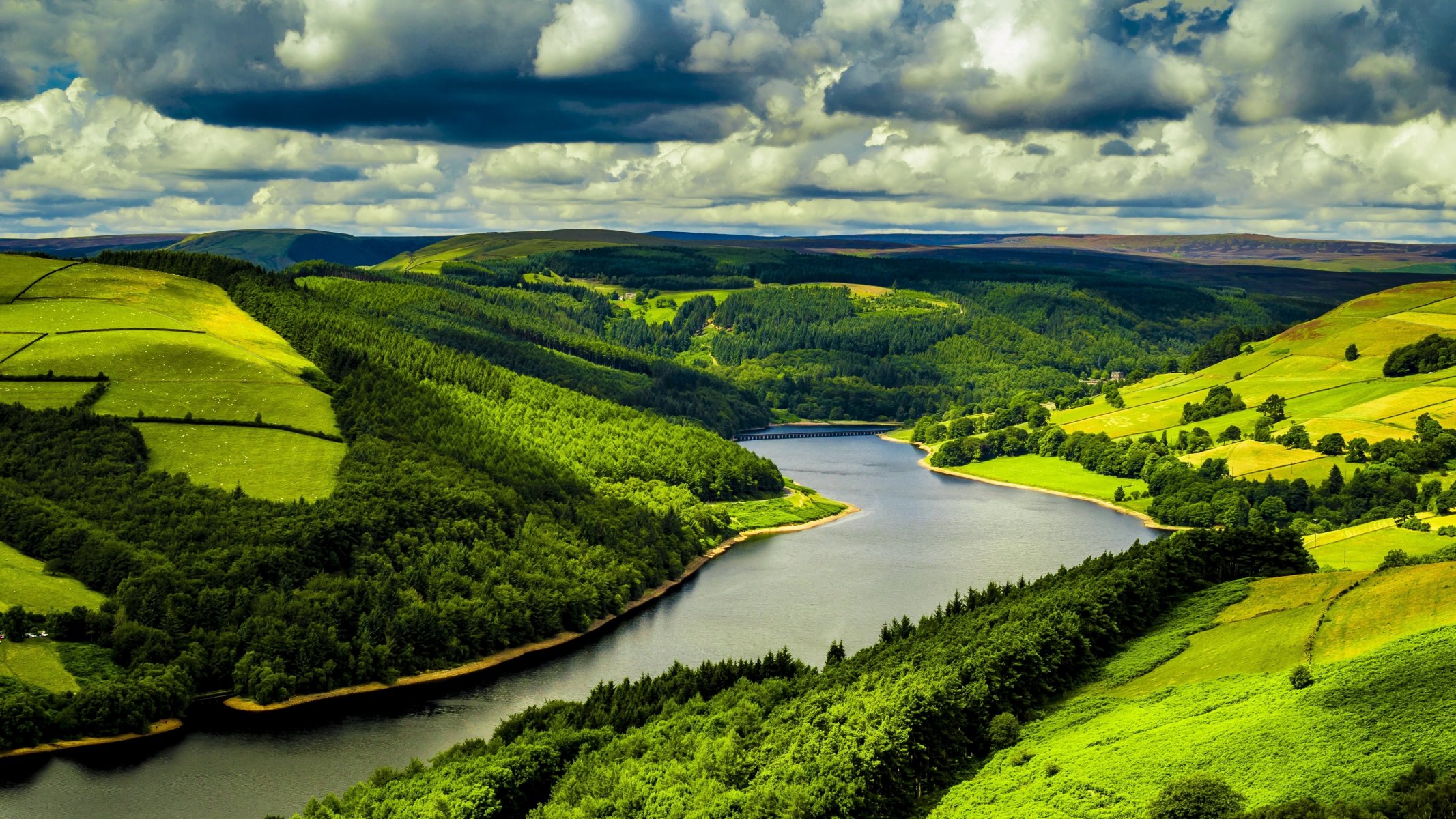 großbritannien fluss wiesen bäume himmel wolken