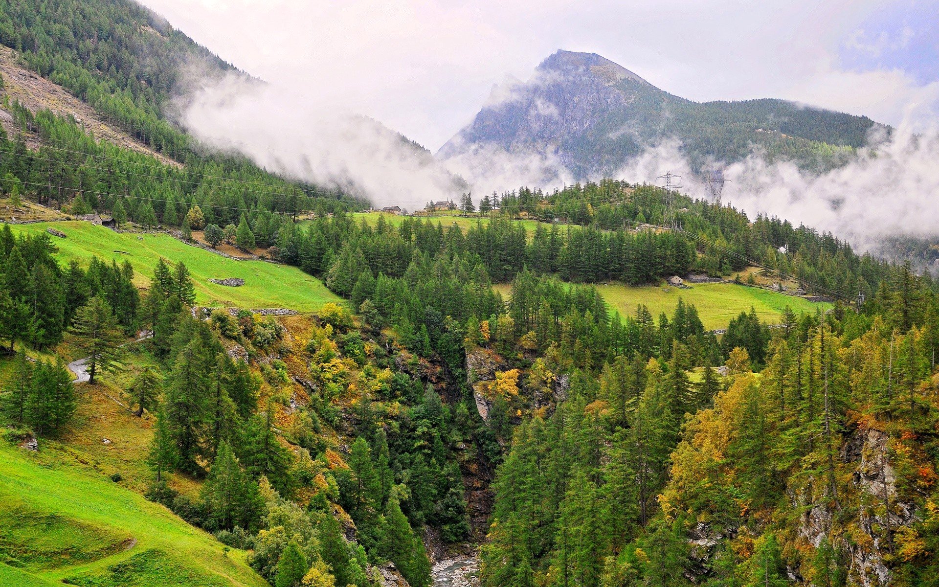 himmel wolken berge bäume straße felsen haus