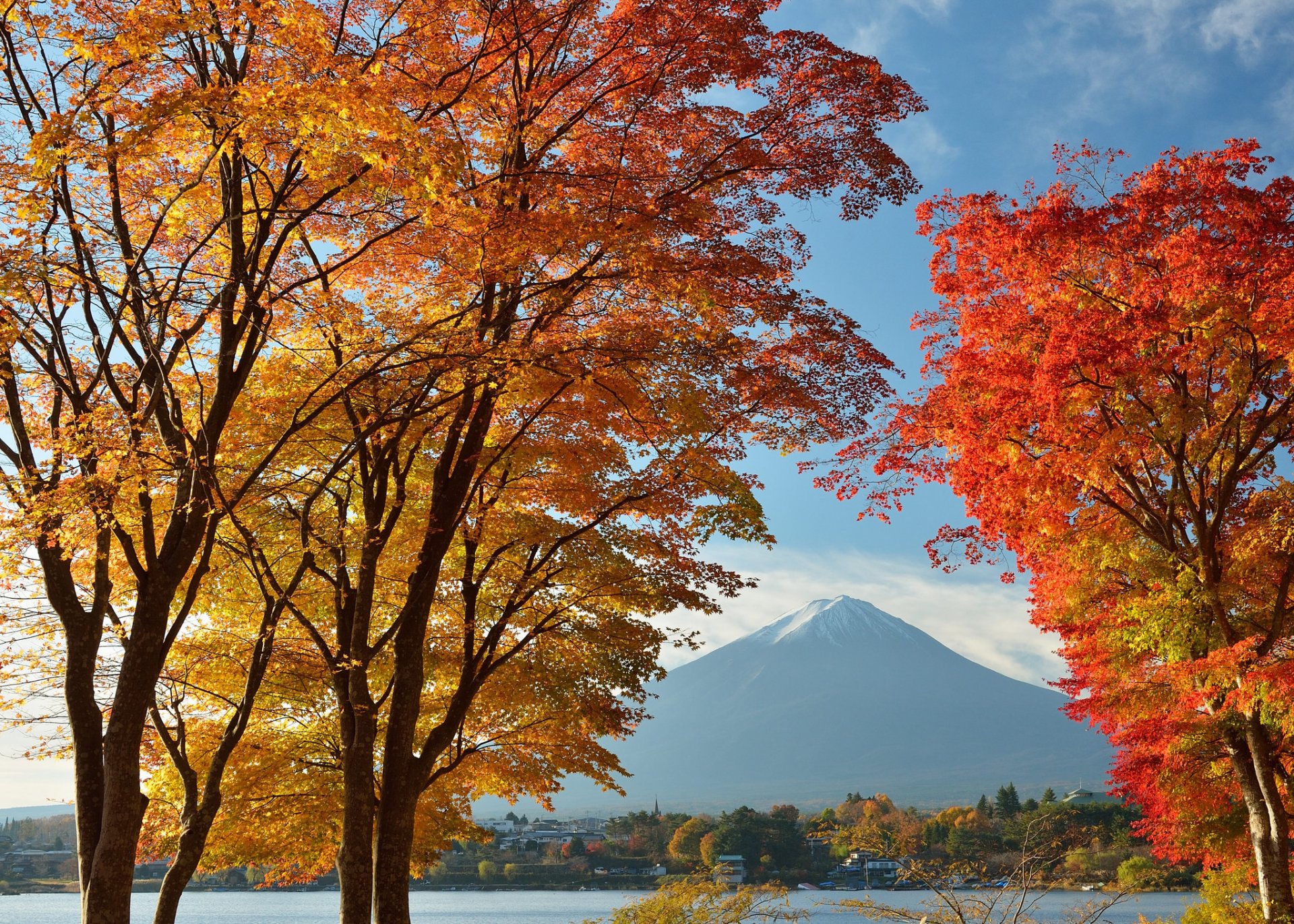 japon mont fujiyama ciel lac arbres feuilles automne maison