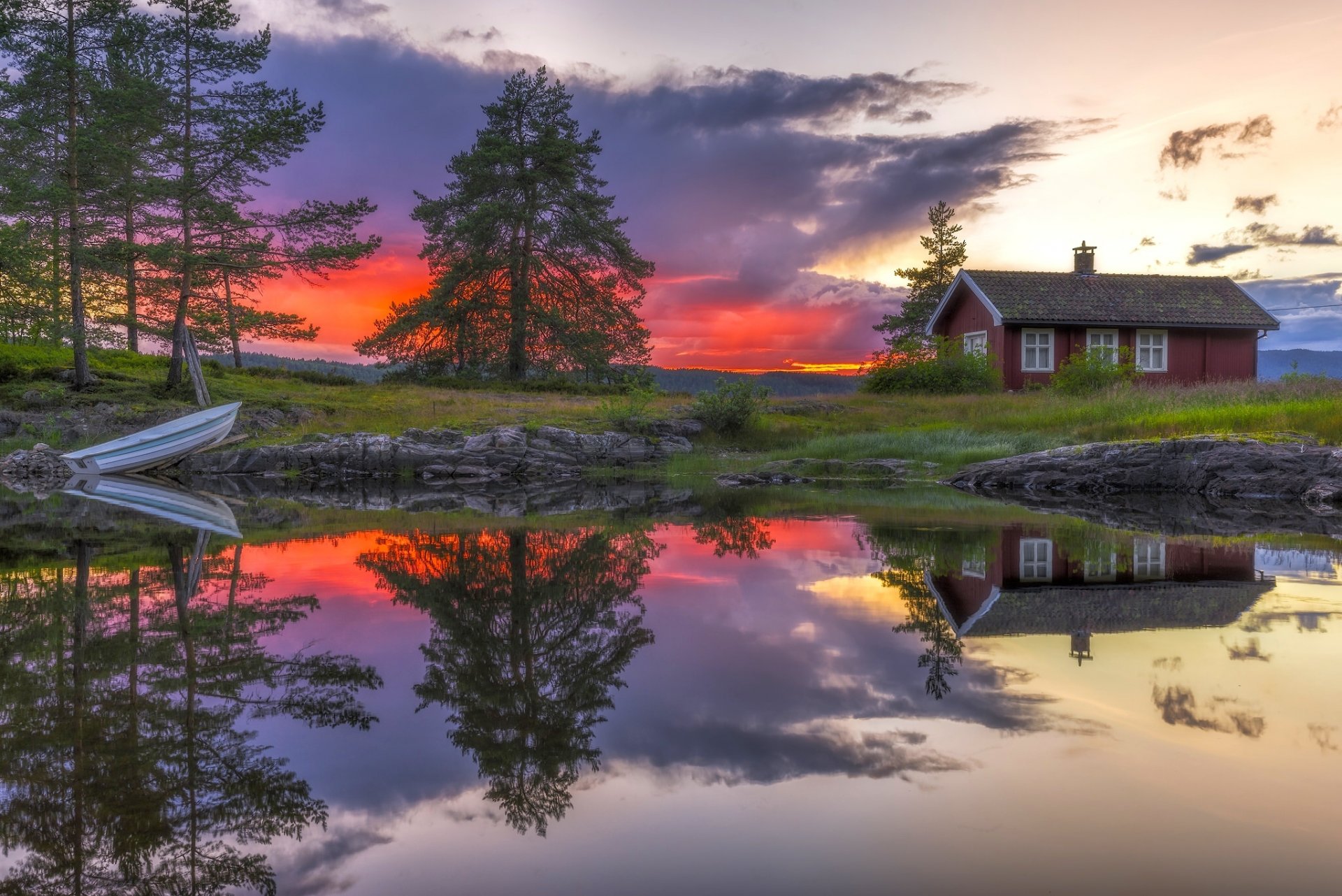 ringerike noruega lago puesta de sol casa reflexión barco árboles