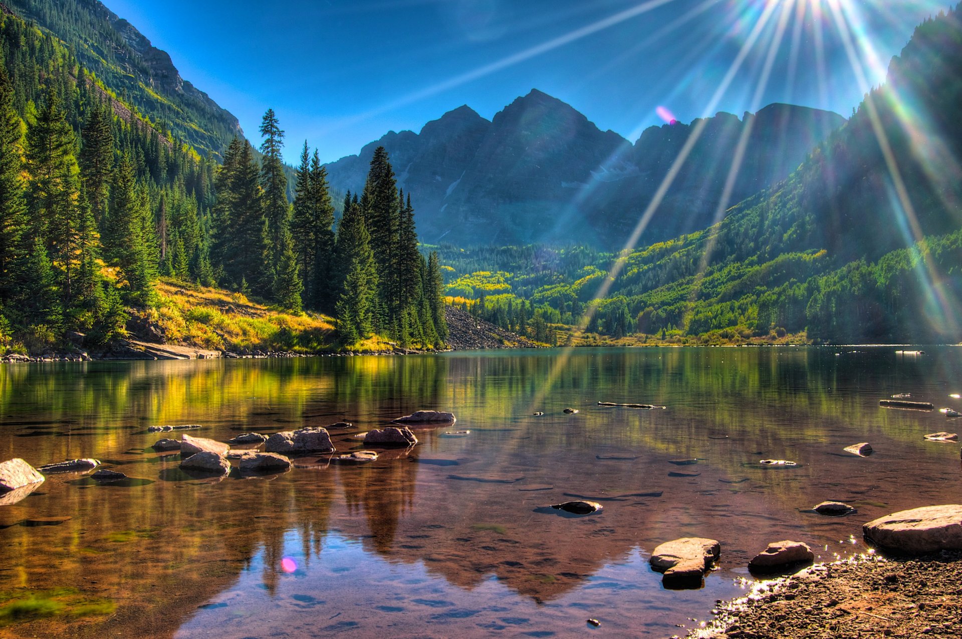 united states maroon bells colorado lake forest mountain beach stones tree sun