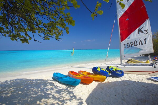 Catamarán de colores en la playa del mar