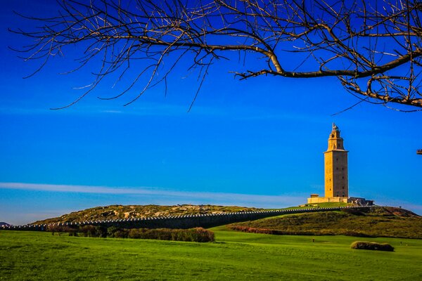 The tower on the background of blue sky and green fields